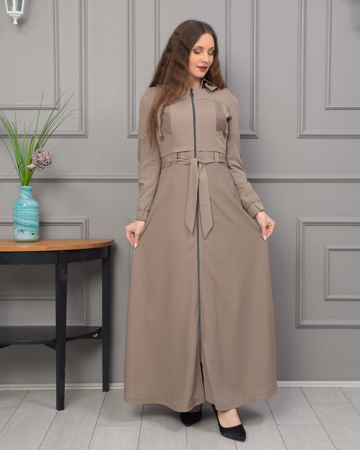 Hooded Belted Hijabi Prada Topcoat 1232 - beige