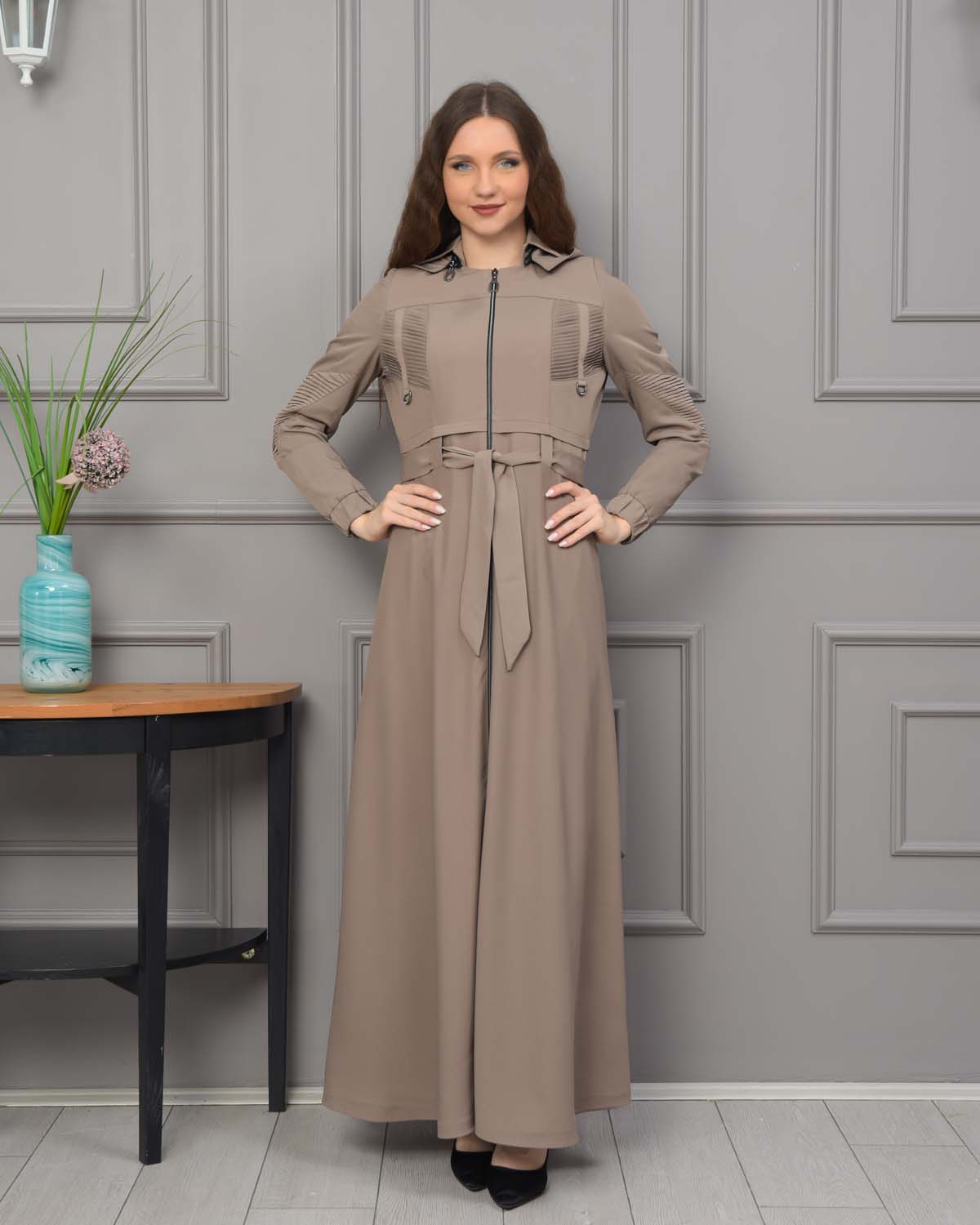 Hooded Belted Hijabi Prada Topcoat 1232 - beige