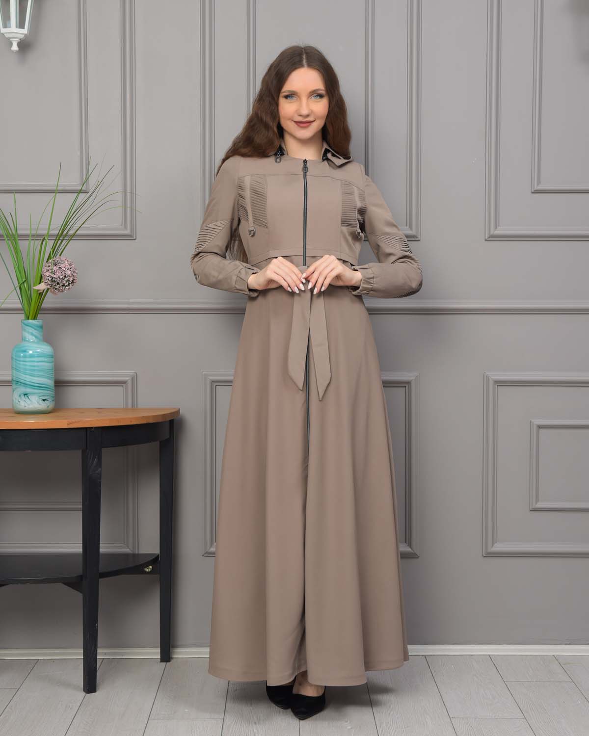 Hooded Belted Hijabi Prada Topcoat 1232 - beige