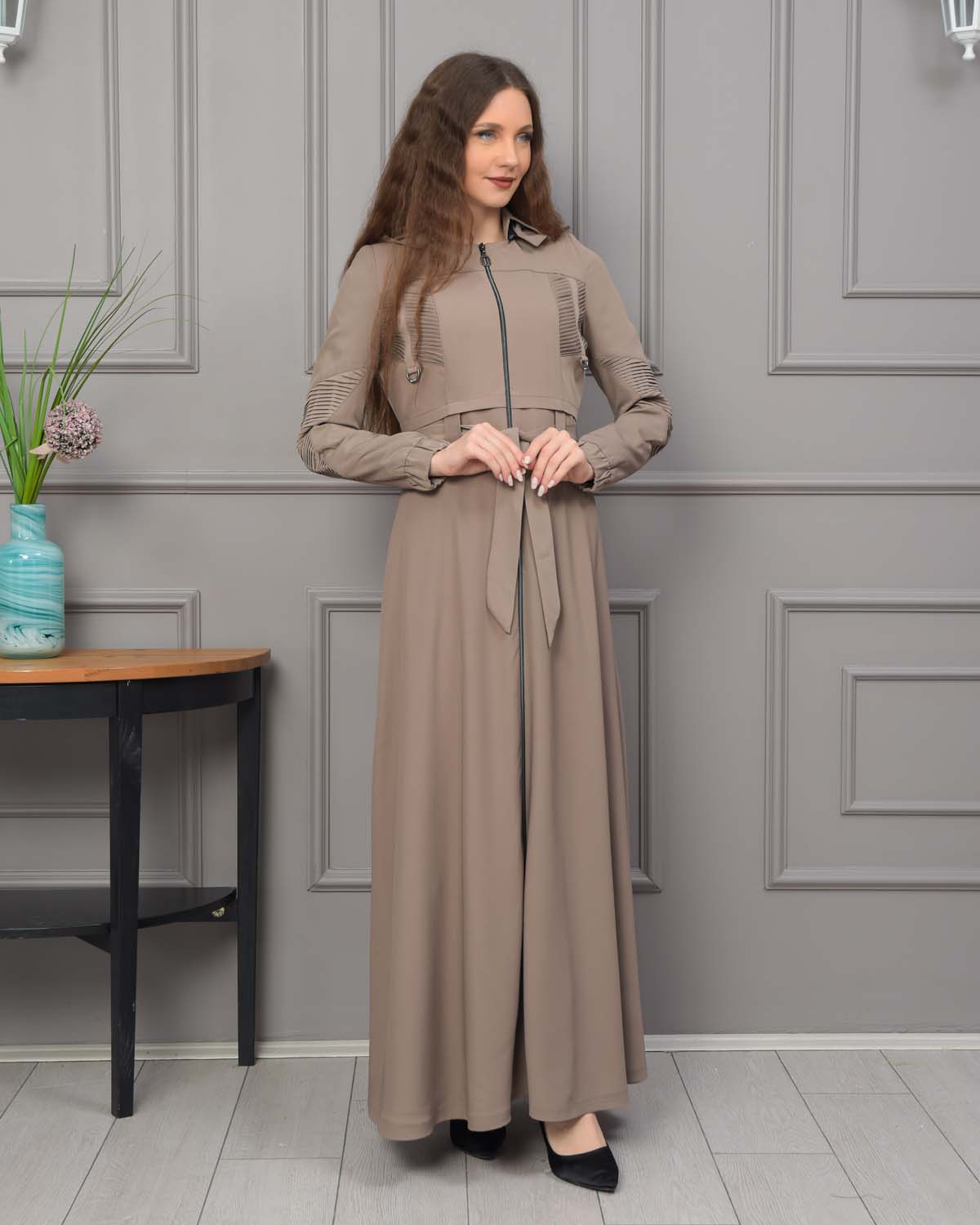 Hooded Belted Hijabi Prada Topcoat 1232 - beige