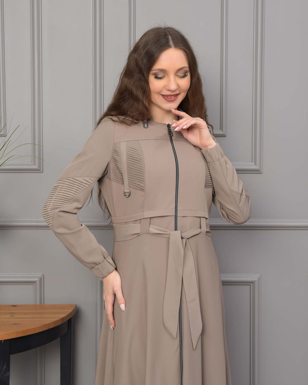 Hooded Belted Hijabi Prada Topcoat 1232 - beige