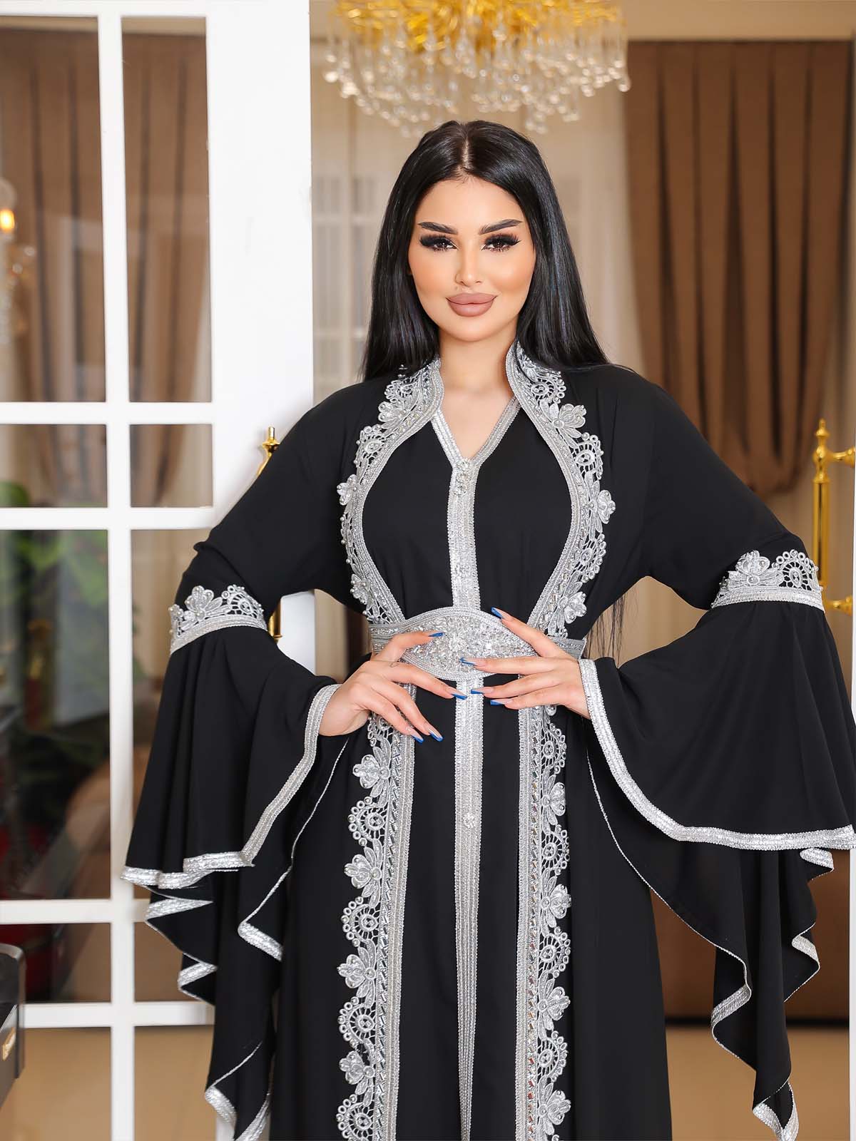 SİLVER EMBROIDERED 2-PIECE SET ABAYA AND DRESS 4111 - black