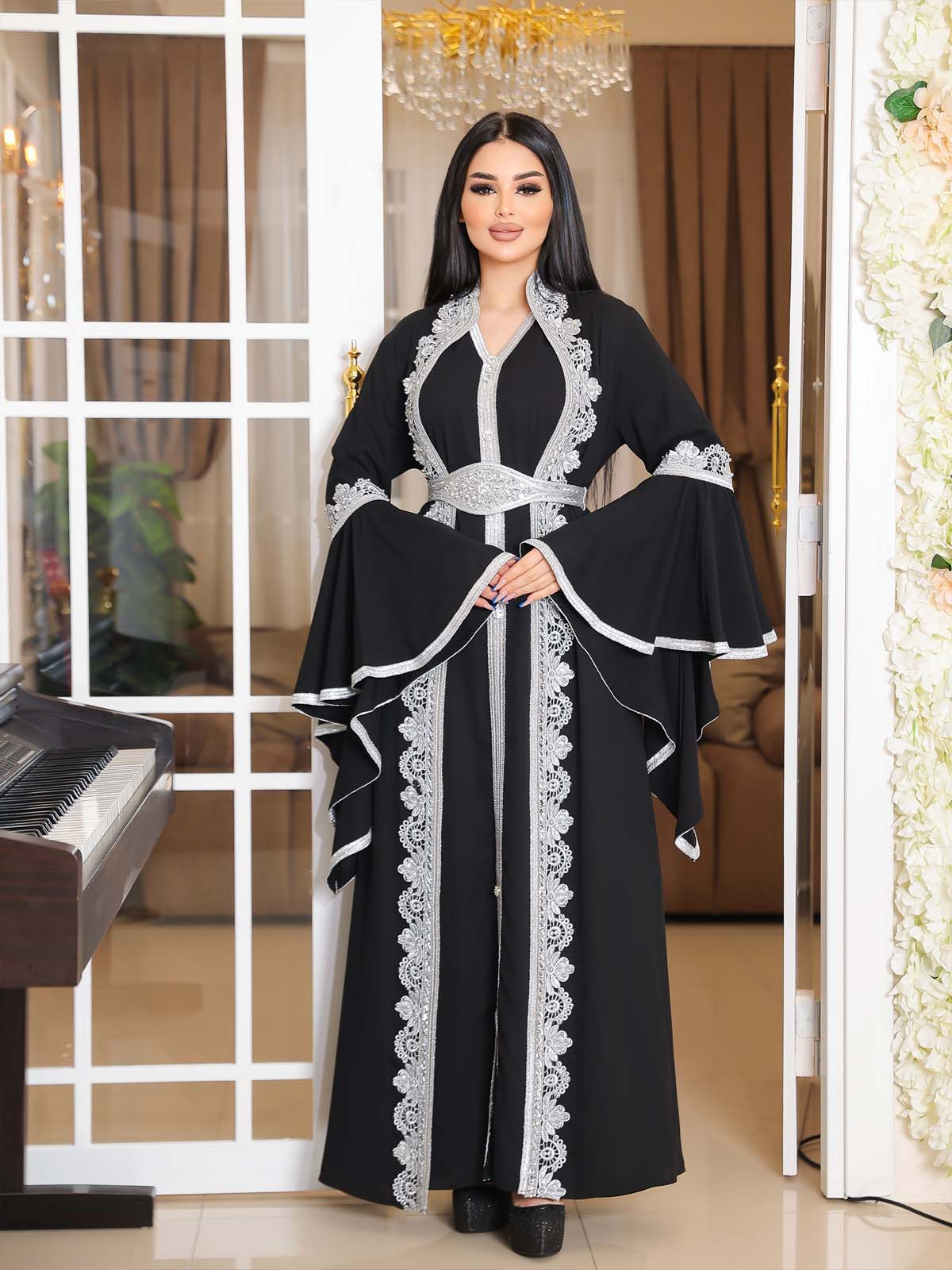 SİLVER EMBROIDERED 2-PIECE SET ABAYA AND DRESS 4111 - black