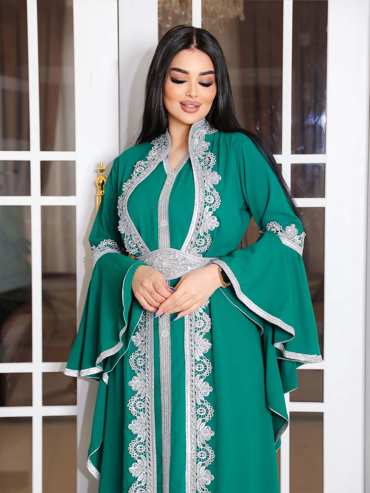 GÜMÜŞ NAKIŞLI 2Lİ TAKIM ABAYA VE ELBİSE 4111 - Haki