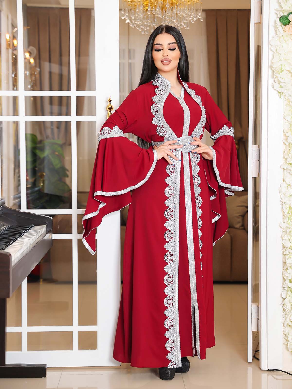 SİLVER EMBROIDERED 2-PIECE SET ABAYA AND DRESS 4111 - burgundy