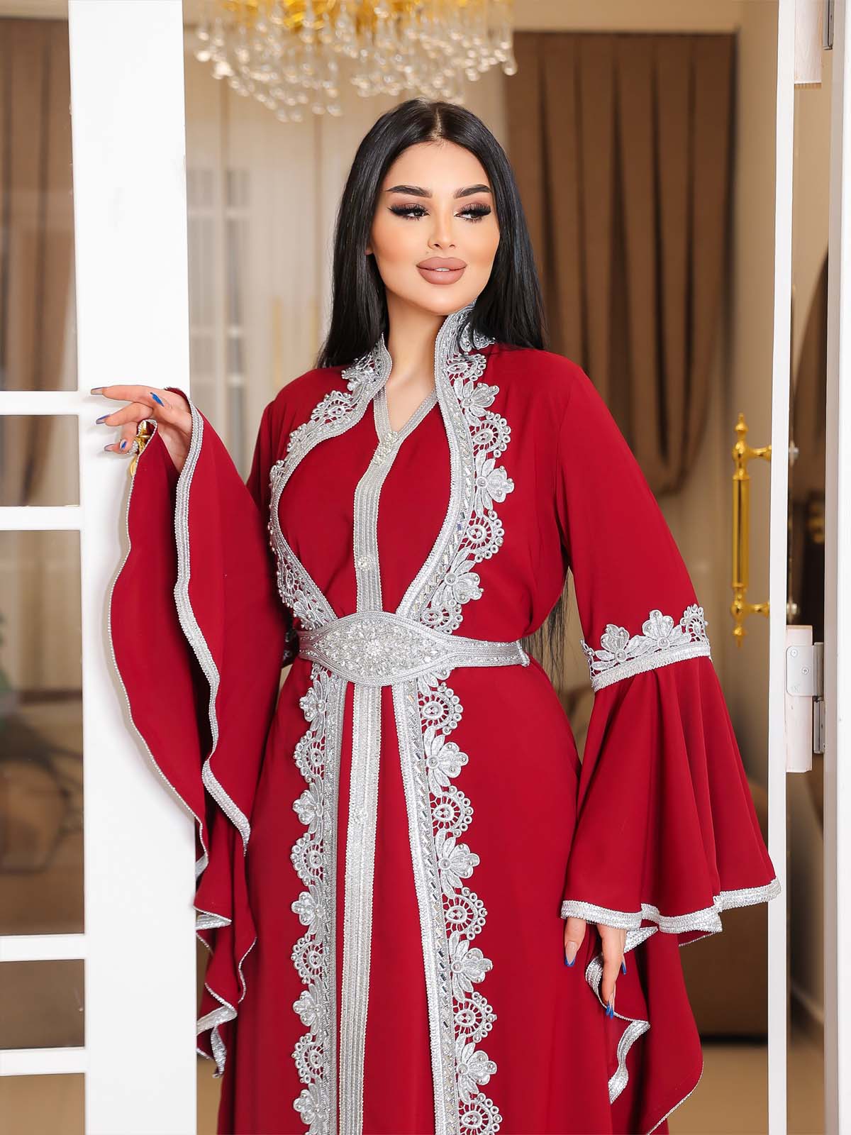 SİLVER EMBROIDERED 2-PIECE SET ABAYA AND DRESS 4111 - burgundy