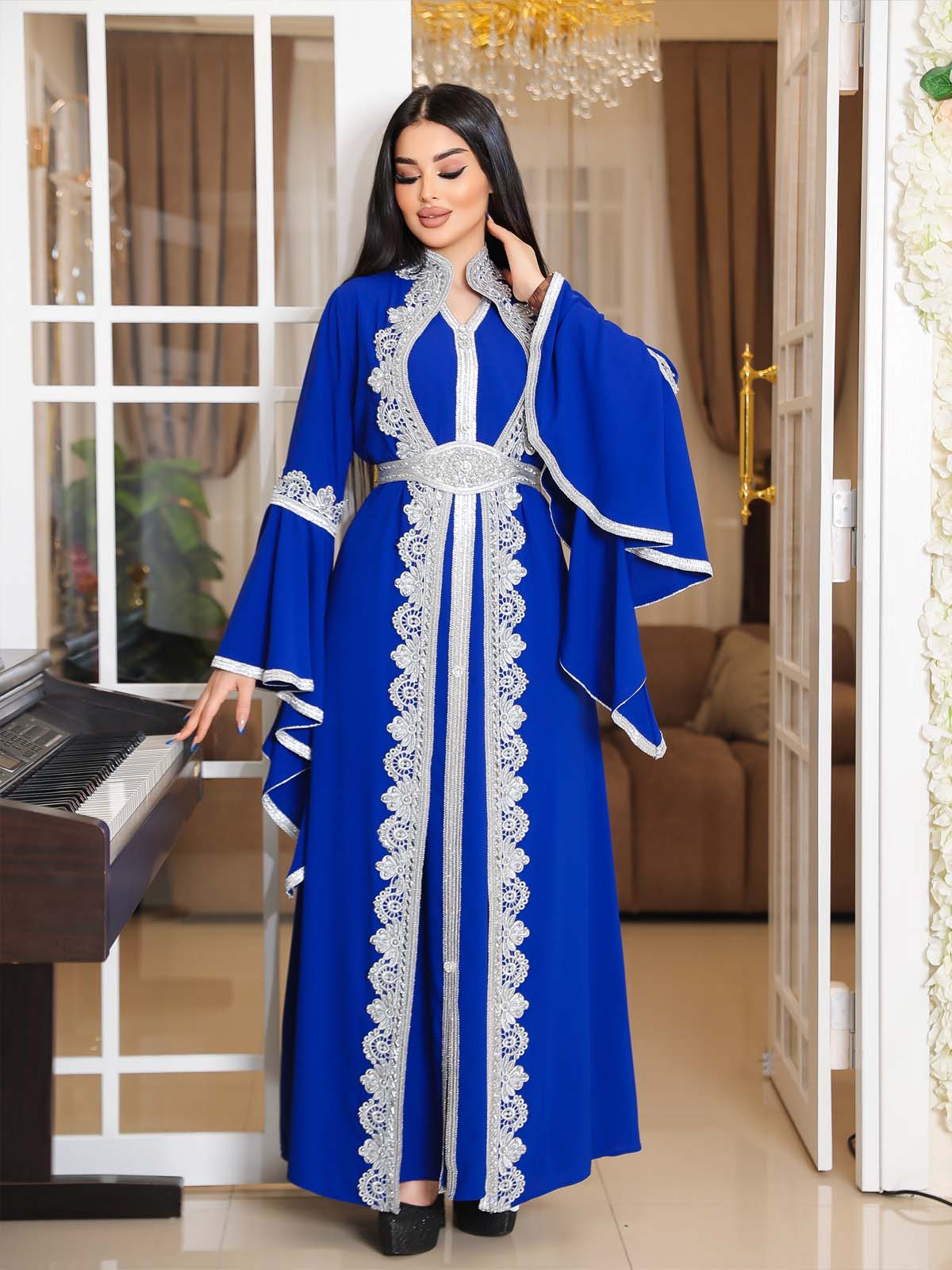 SİLVER EMBROIDERED 2-PIECE SET ABAYA AND DRESS 4111 - blue