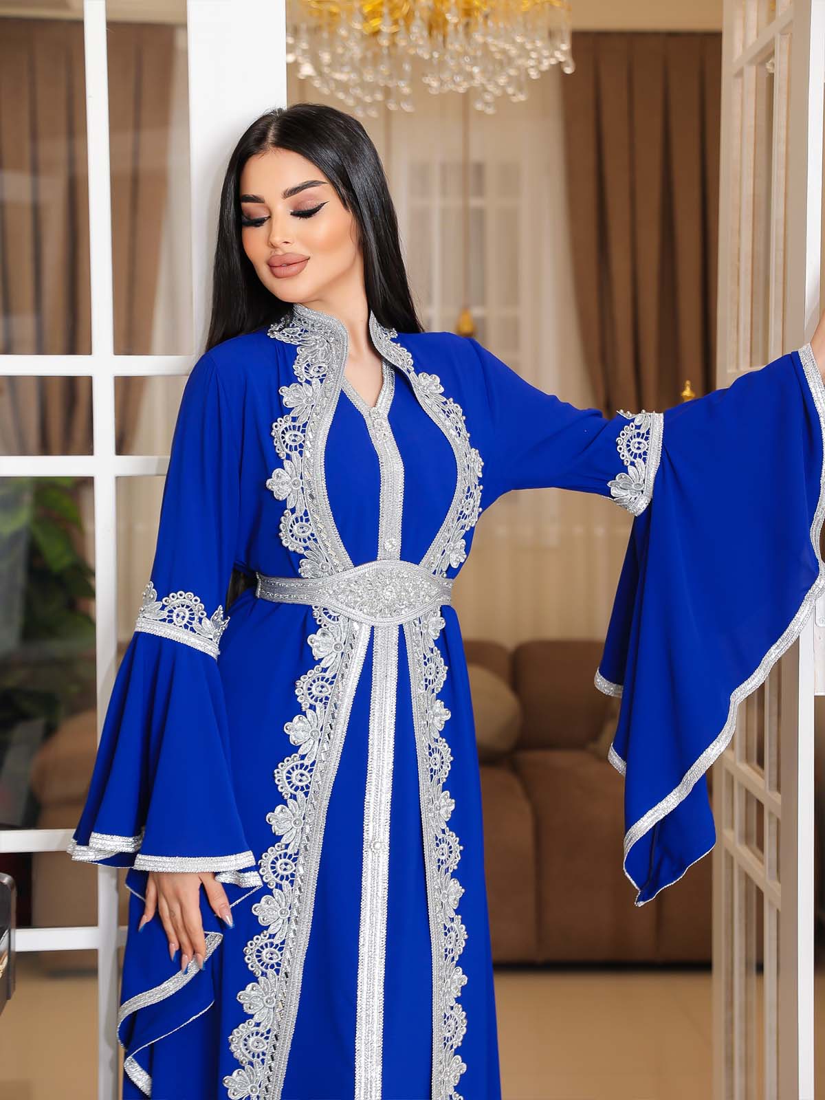 SİLVER EMBROIDERED 2-PIECE SET ABAYA AND DRESS 4111 - blue
