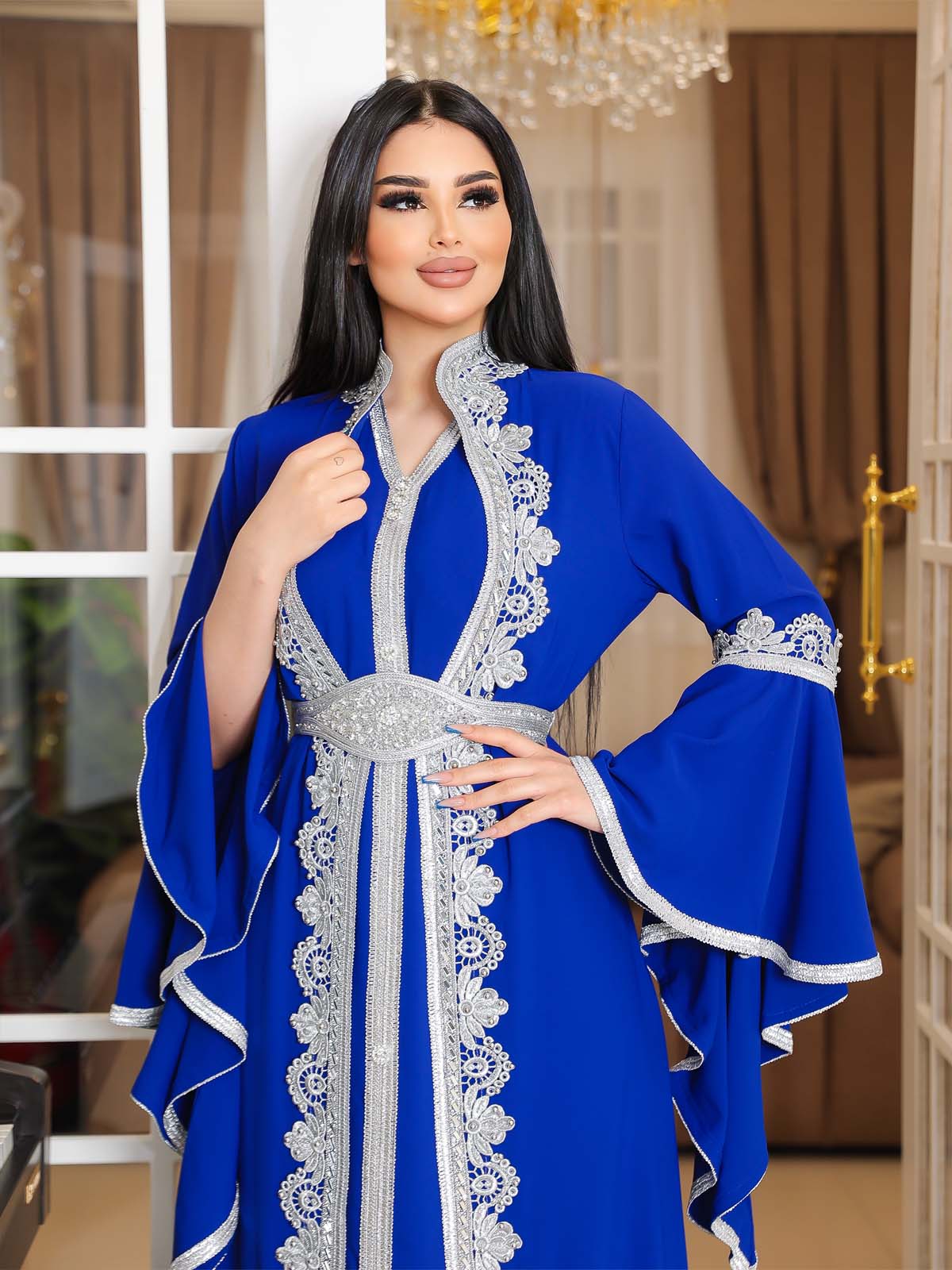 SİLVER EMBROIDERED 2-PIECE SET ABAYA AND DRESS 4111 - blue