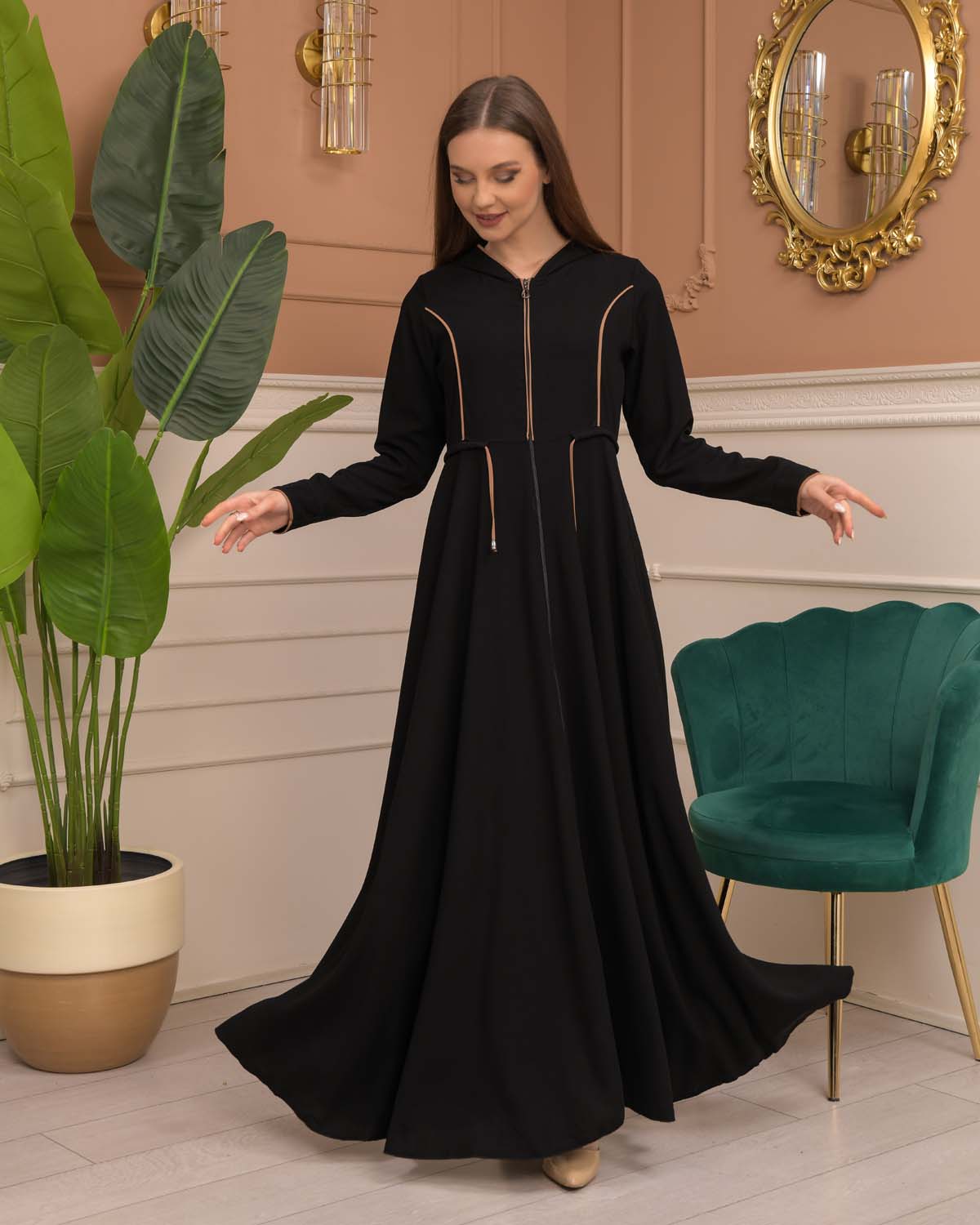 Hooded-Belted Rose Rise Abaya 695 - beige