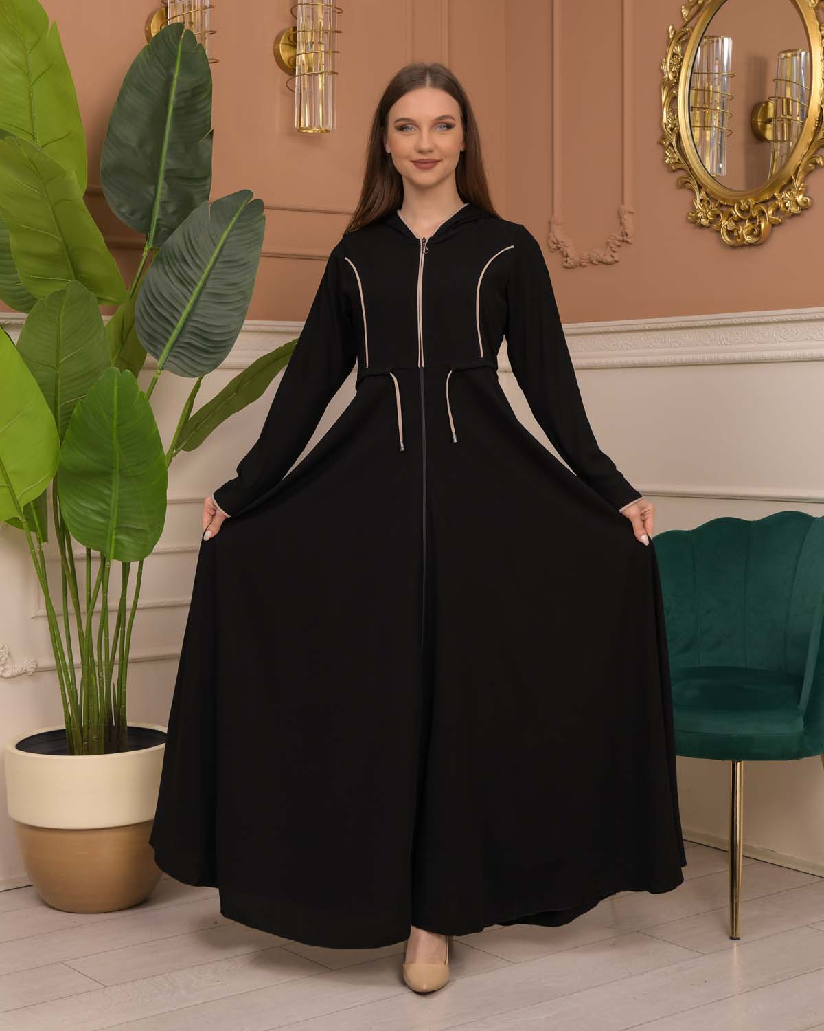 Hooded-Belted Rose Rise Abaya 695 - ecru