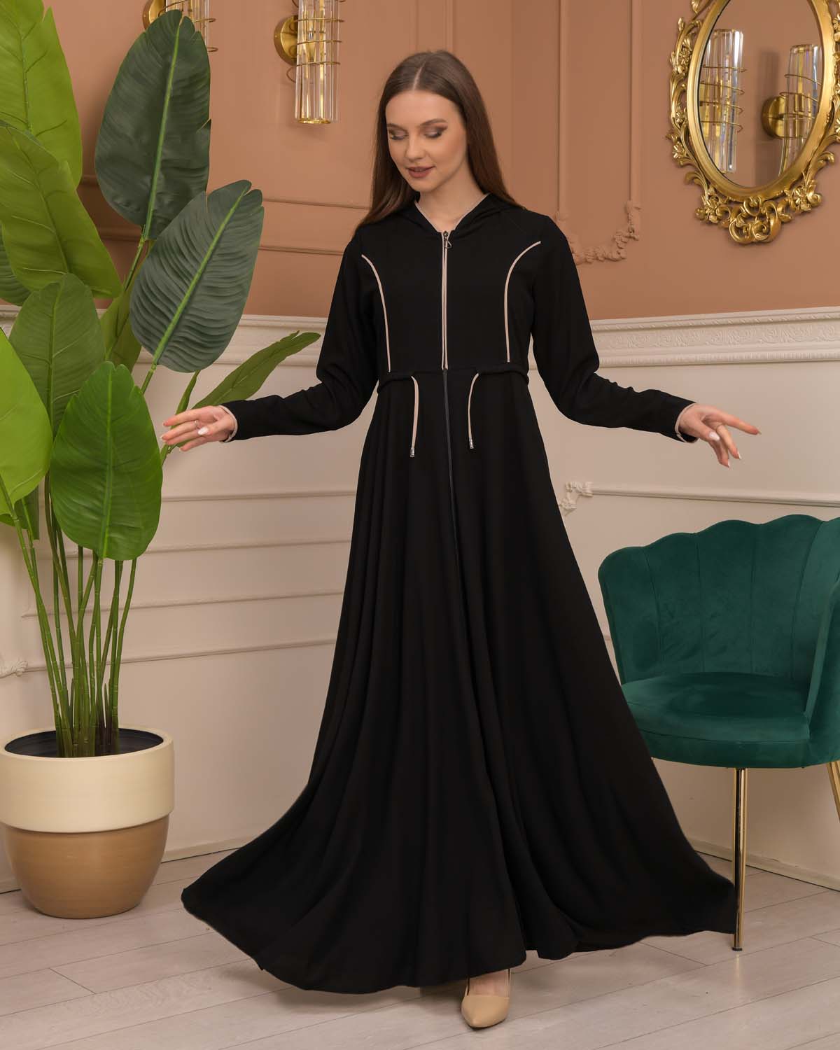 Hooded-Belted Rose Rise Abaya 695 - ecru