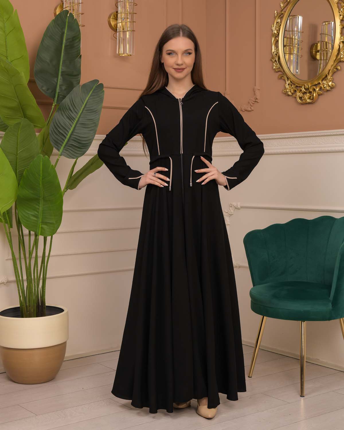 Hooded-Belted Rose Rise Abaya 695 - ecru