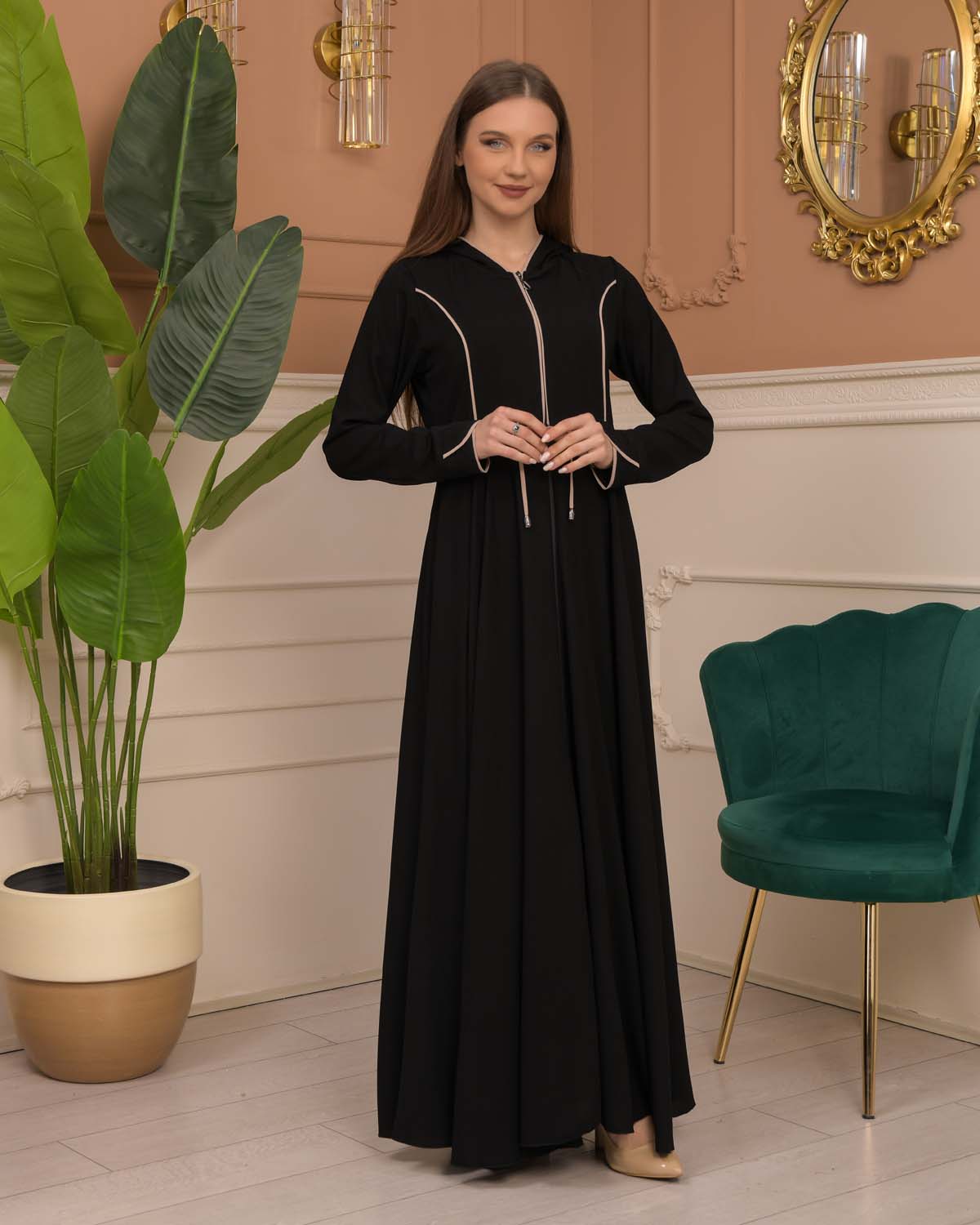 Hooded-Belted Rose Rise Abaya 695 - ecru