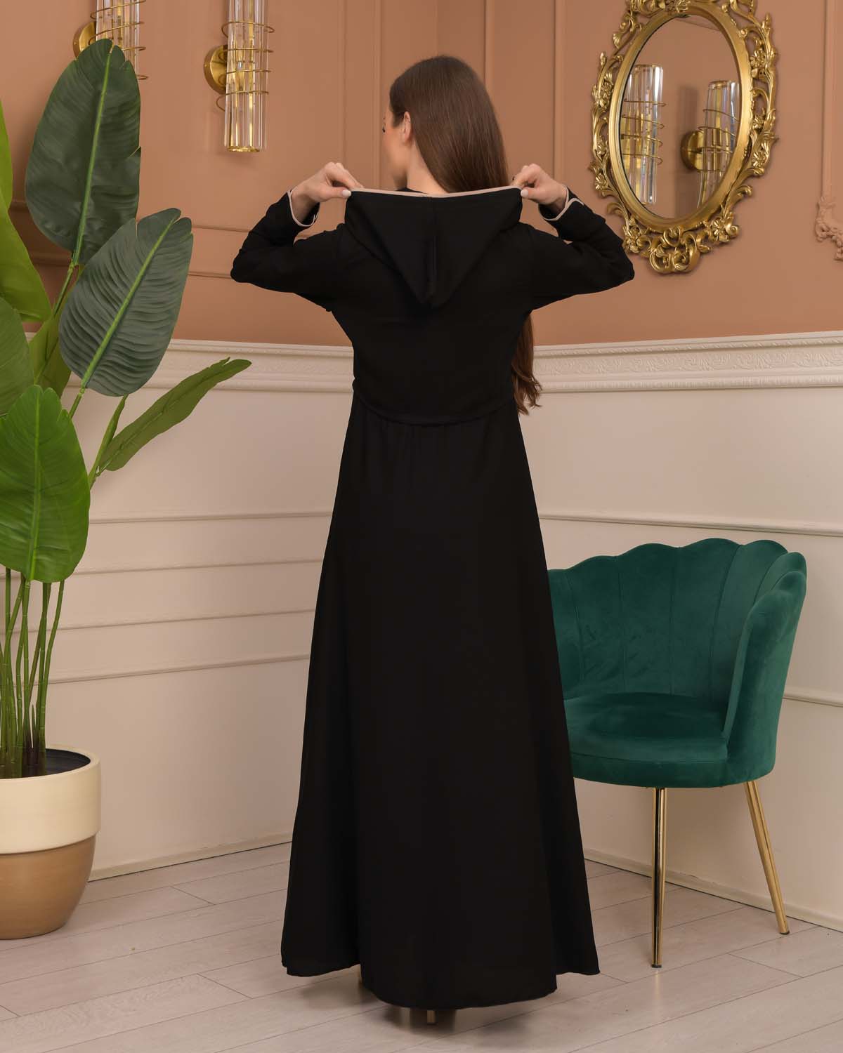 Hooded-Belted Rose Rise Abaya 695 - ecru