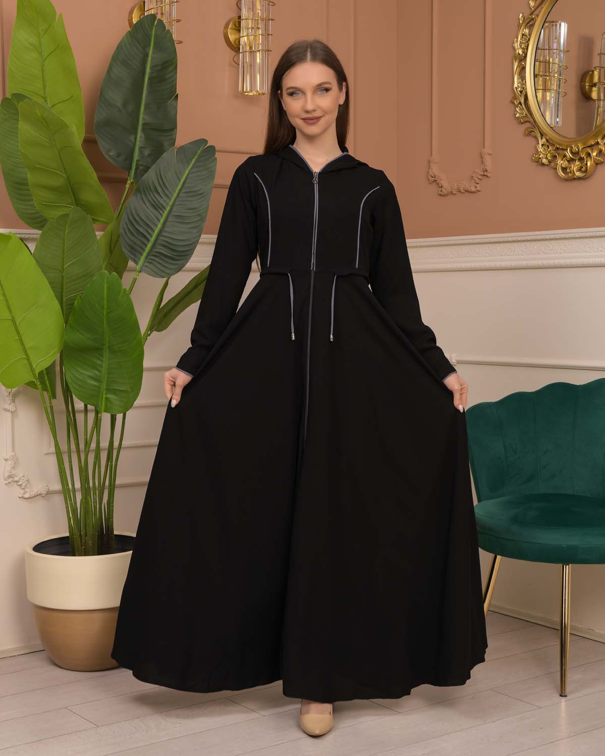 Hooded-Belted Rose Rise Abaya 695 - Anthracite