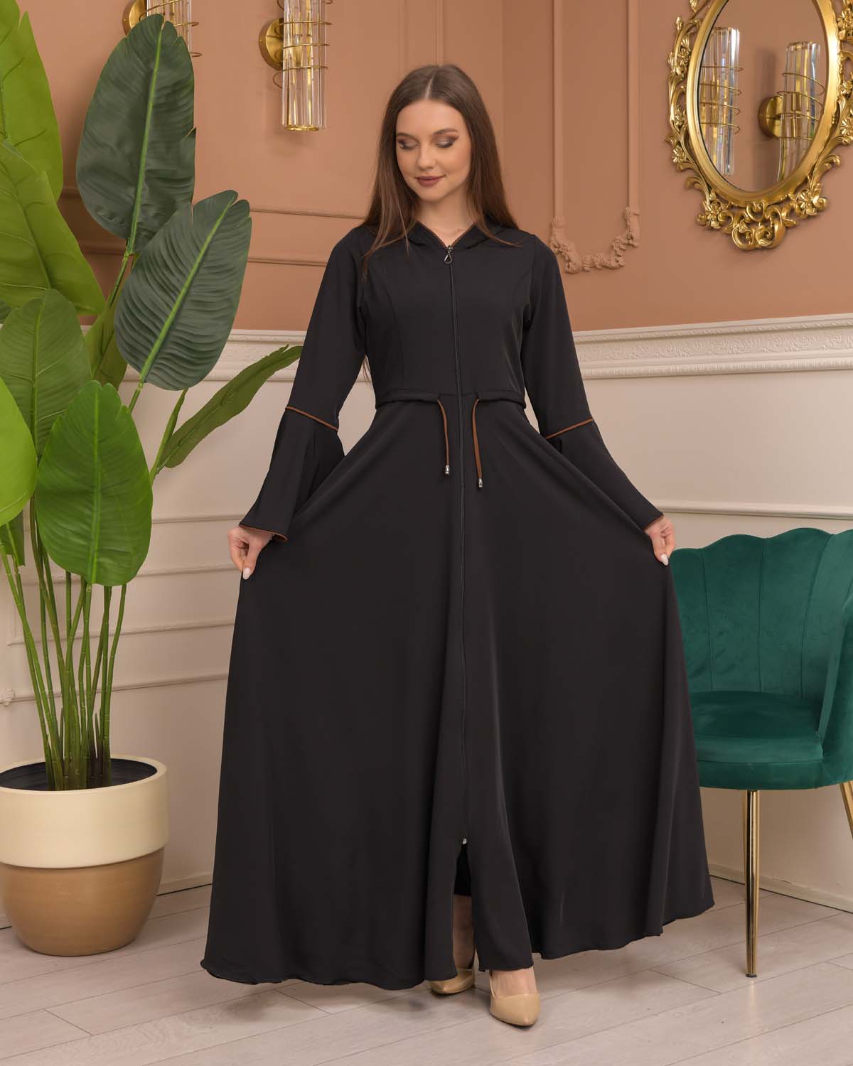 Hooded-Belted Prada Abaya 696 - brown