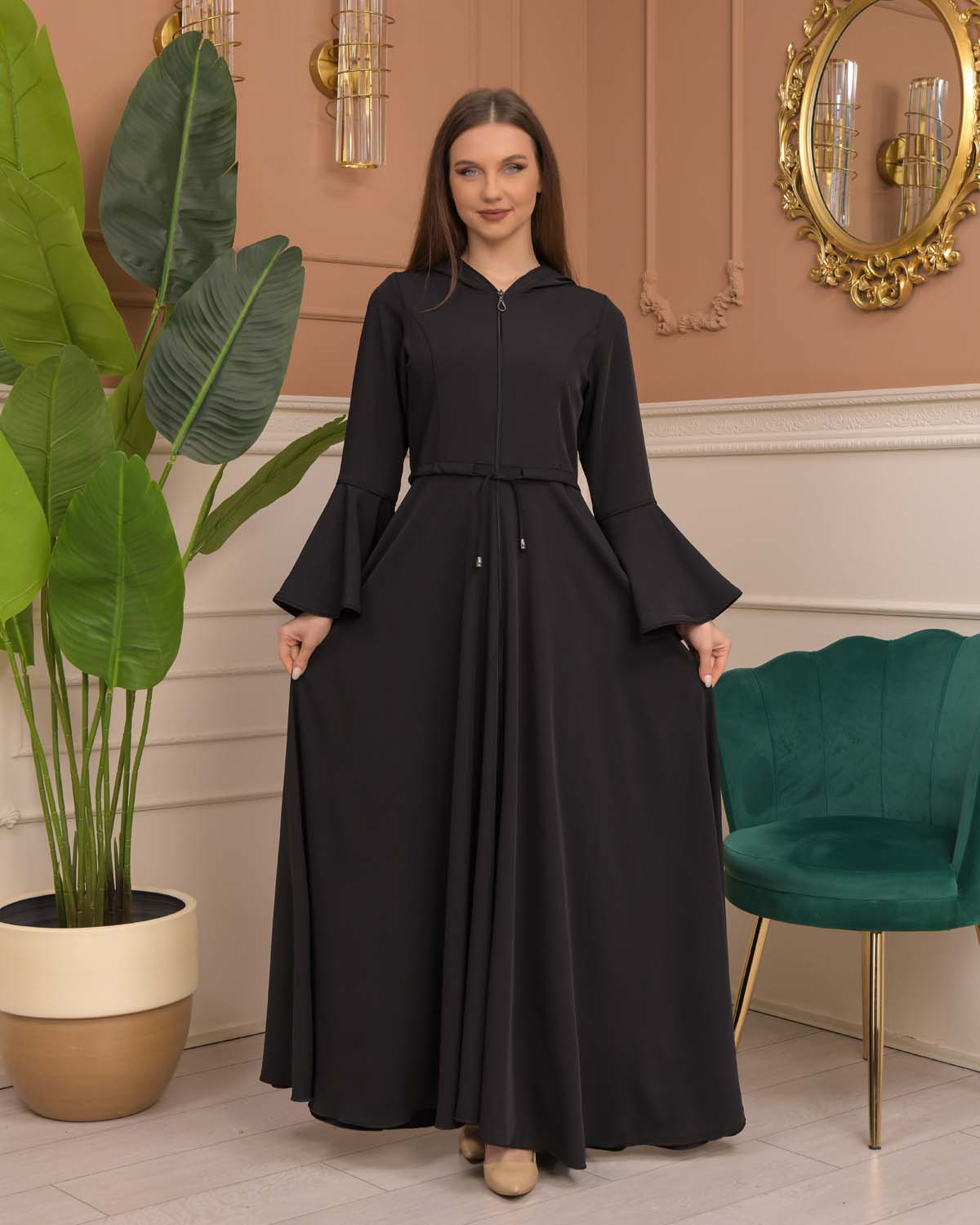 Hooded-Belted Prada Abaya 696 - black