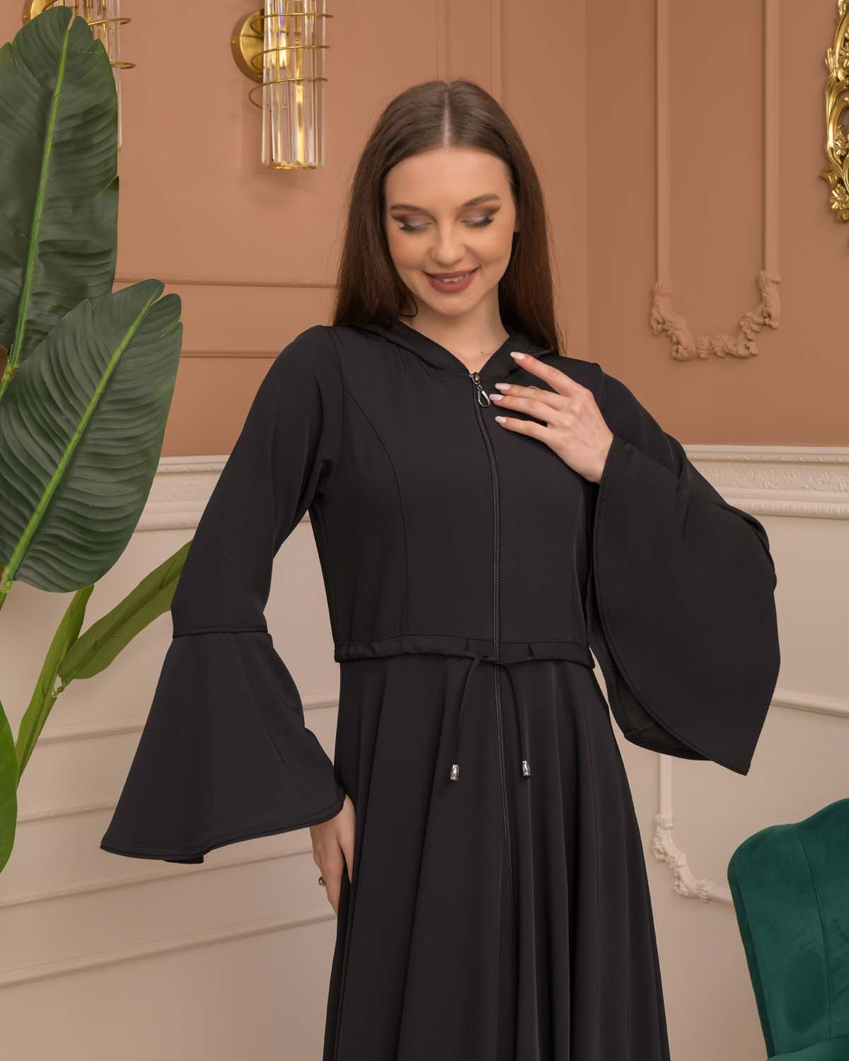 Hooded-Belted Prada Abaya 696 - black