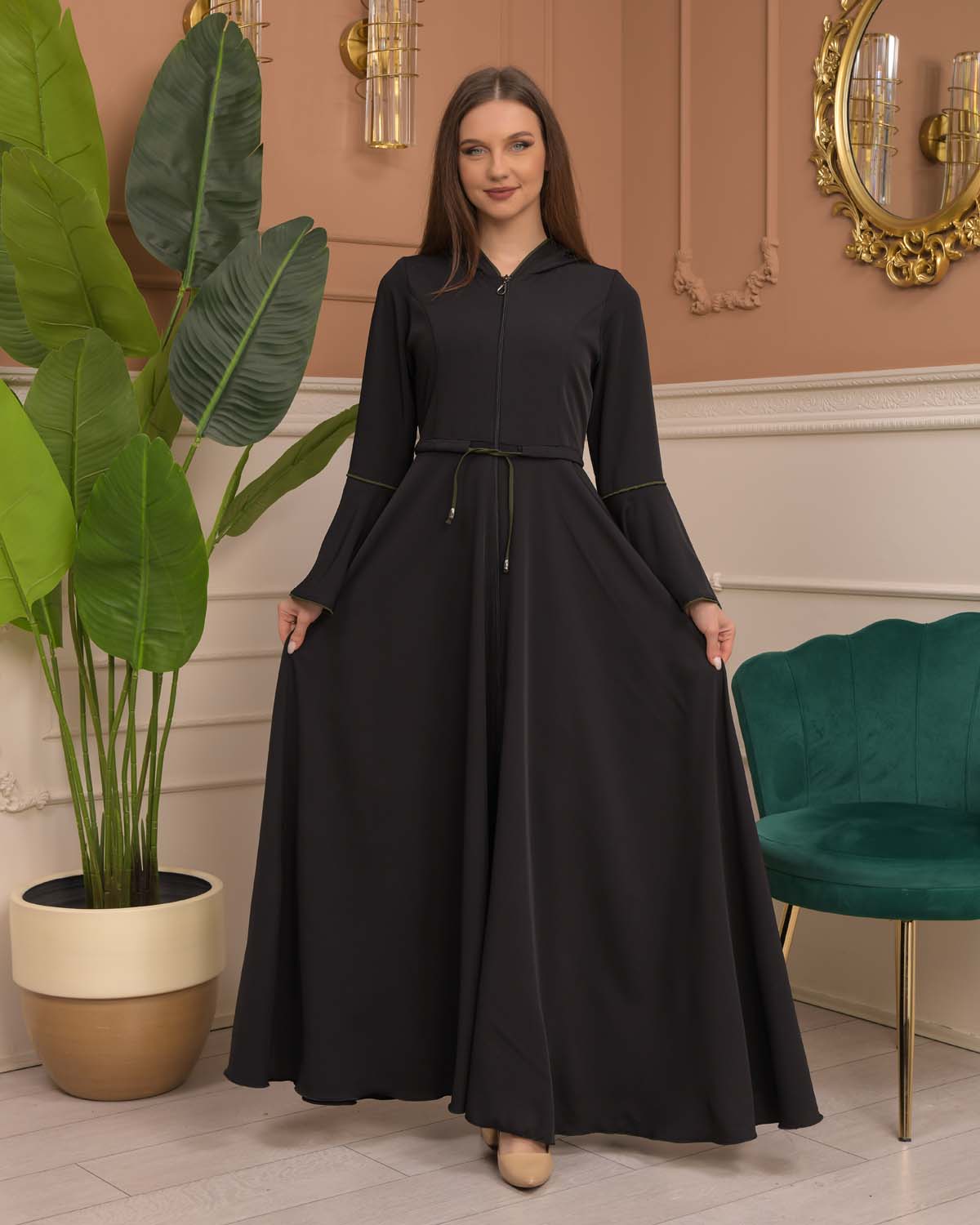 Hooded-Belted Prada Abaya 696 - khaki