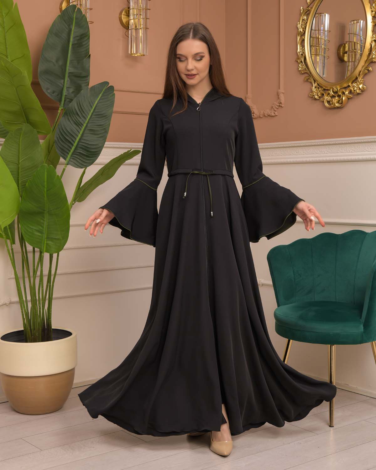 Hooded-Belted Prada Abaya 696 - khaki