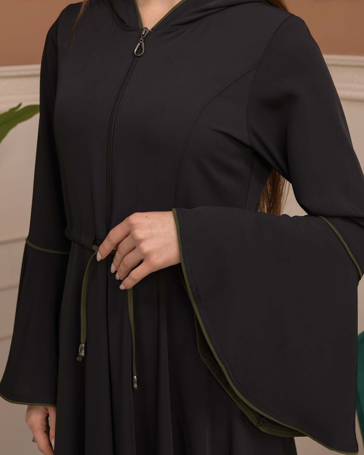 Hooded-Belted Prada Abaya 696 - khaki