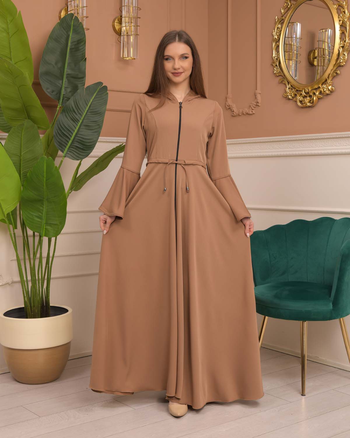 Hooded-Belted Prada Abaya 696 - tan