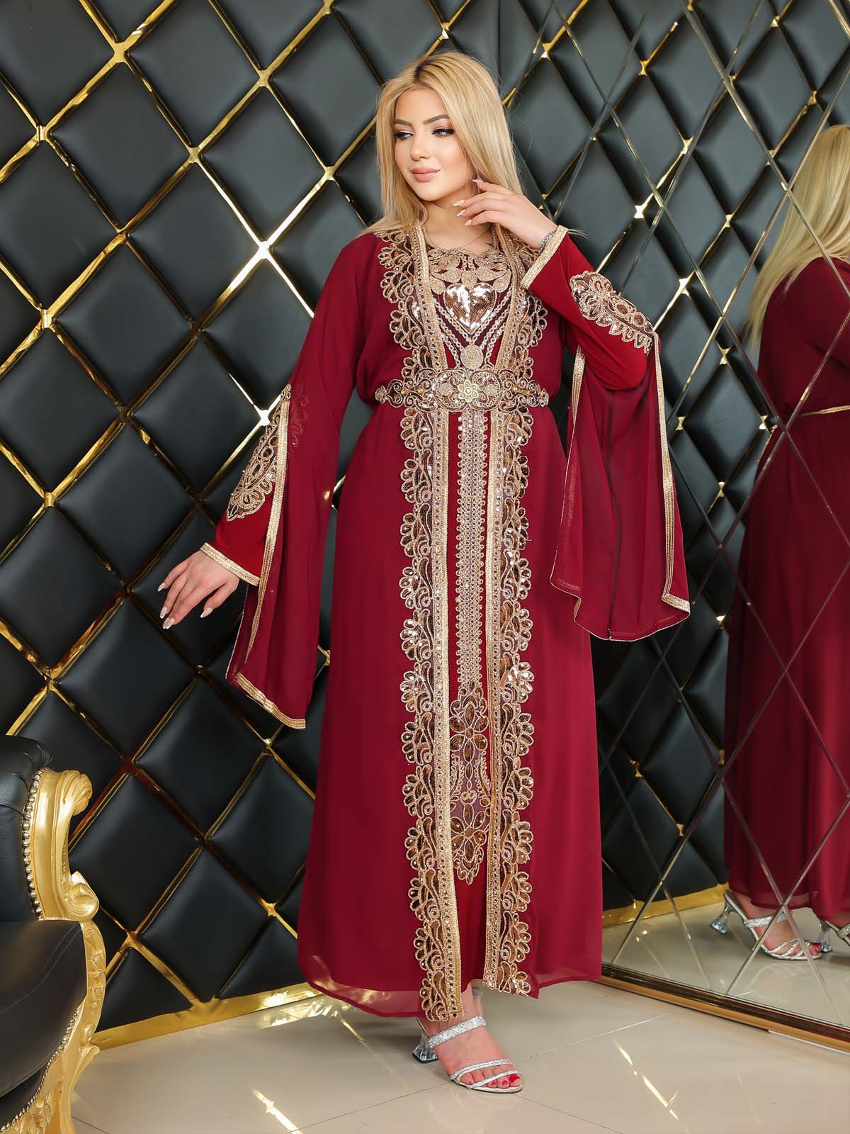 2li Takım DETAYLI Kemerli Dantelli Kaftan Abiye Elbise - 4112 - Kırmızı