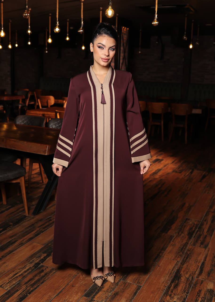 Fursan Fabric Diamond-Studded Modest Abaya 697 - burgundy
