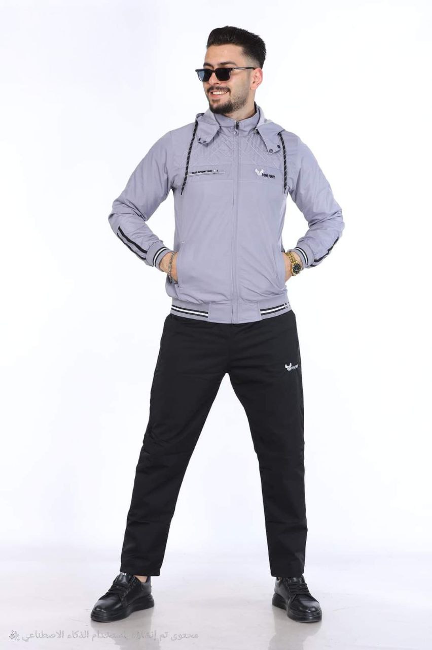 Mens Tracksuit 2206 Parachute Fabric with Removable Hood  - gray