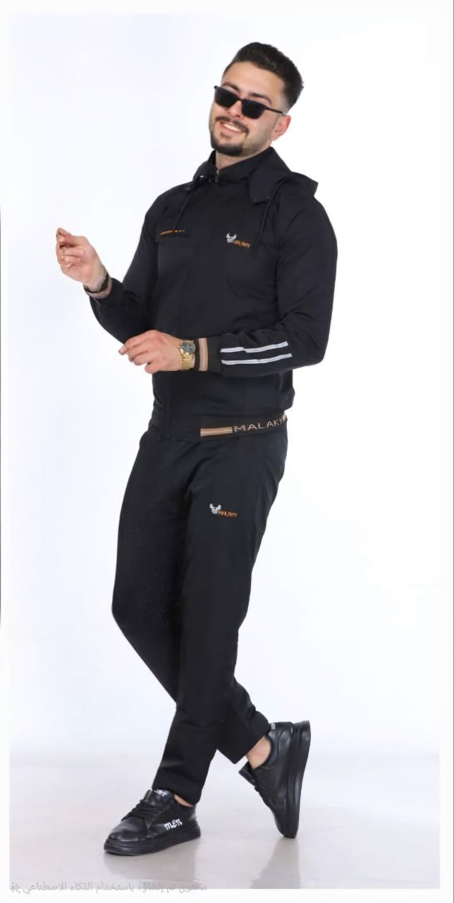 Mens Tracksuit 2206 Parachute Fabric with Removable Hood  - black