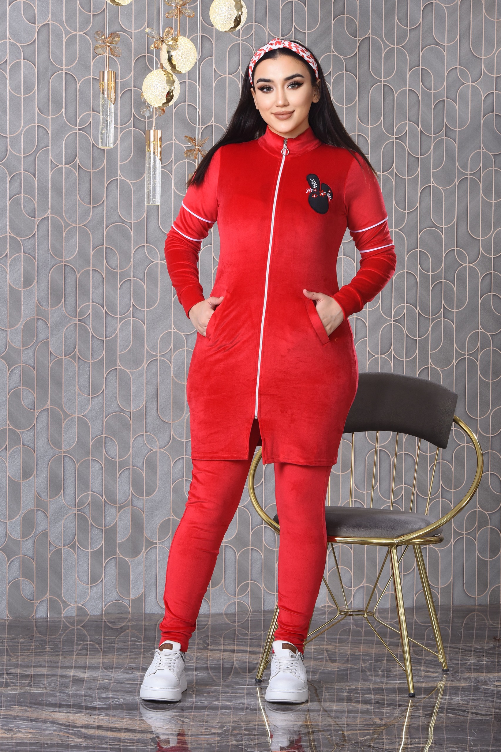 Velvet Slim Fit Tracksuit - 3 Piece Set 1011 - red