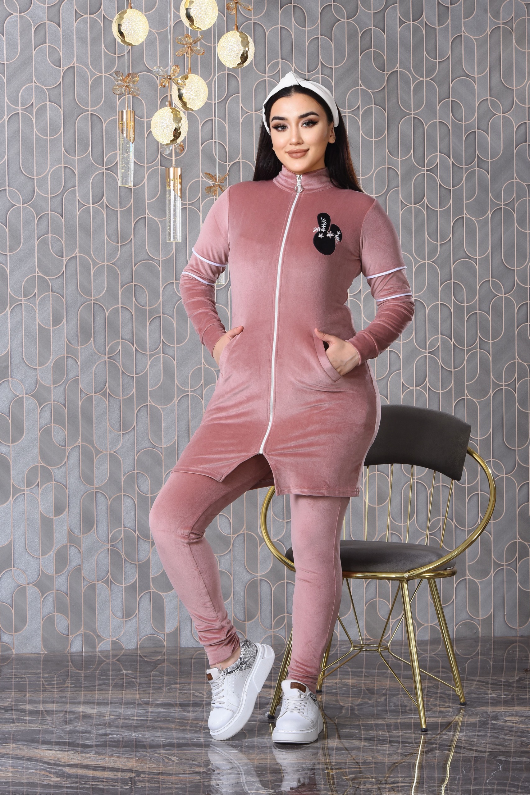 Velvet Slim Fit Tracksuit - 3 Piece Set 1011 - powder pink/ dusty pink