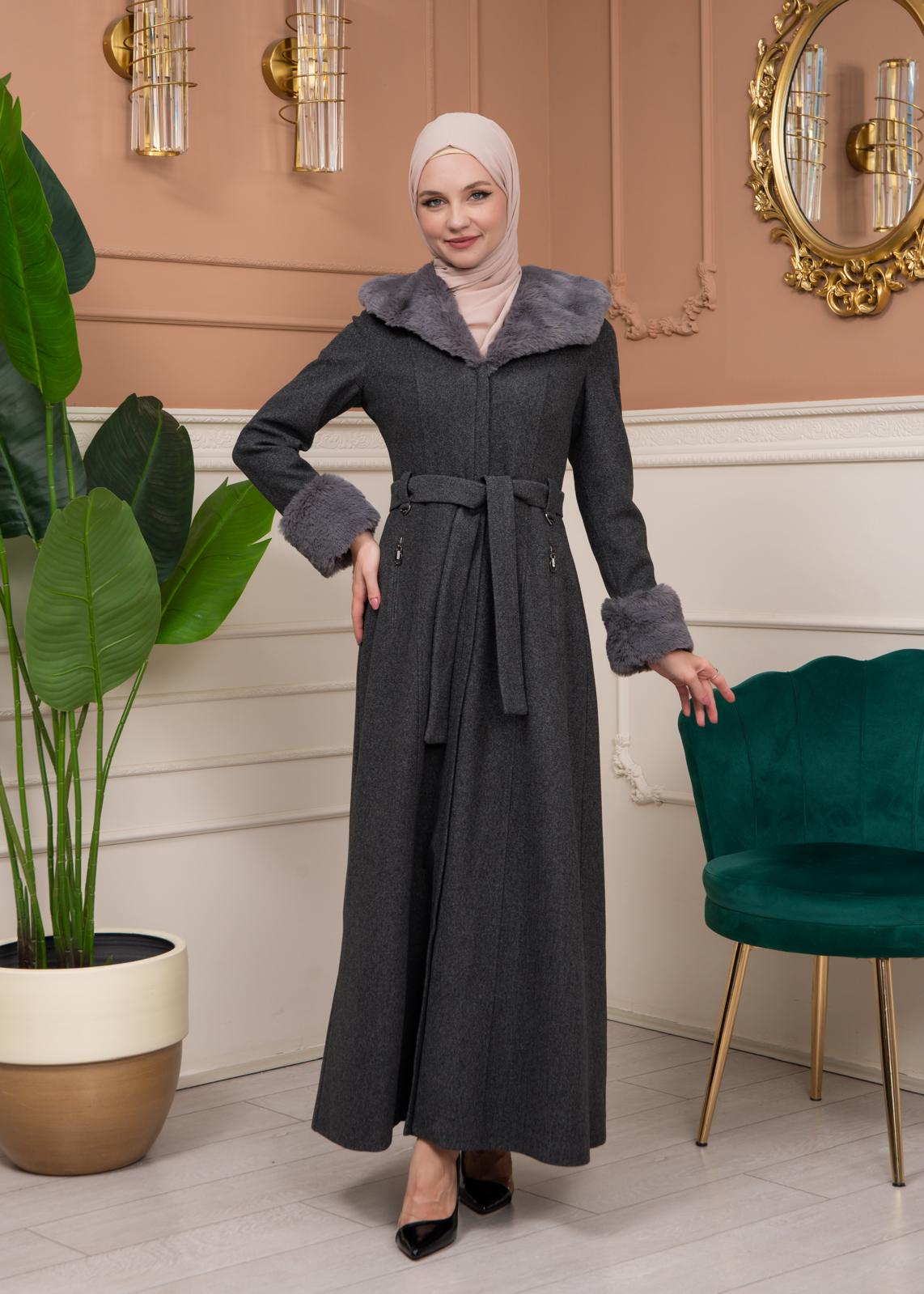 Woolen Winter Coat with Fur Lining - 1360 - gray