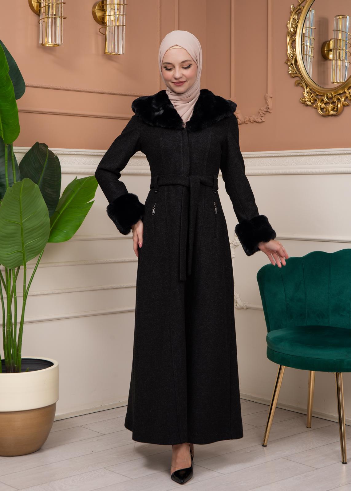 Woolen Winter Coat with Fur Lining - 1360 - black