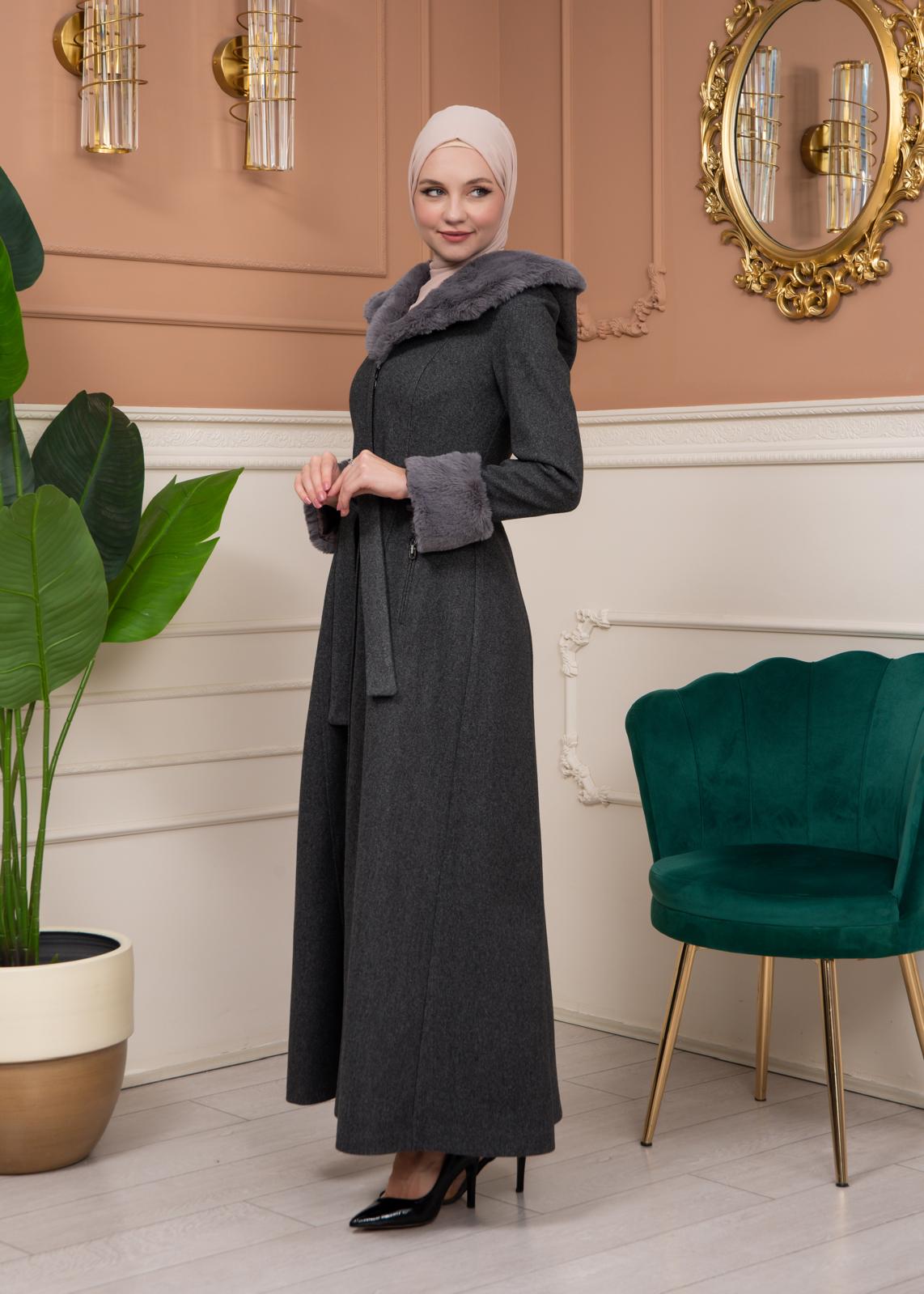 Woolen Winter Coat with Fur Lining - 1360 - gray