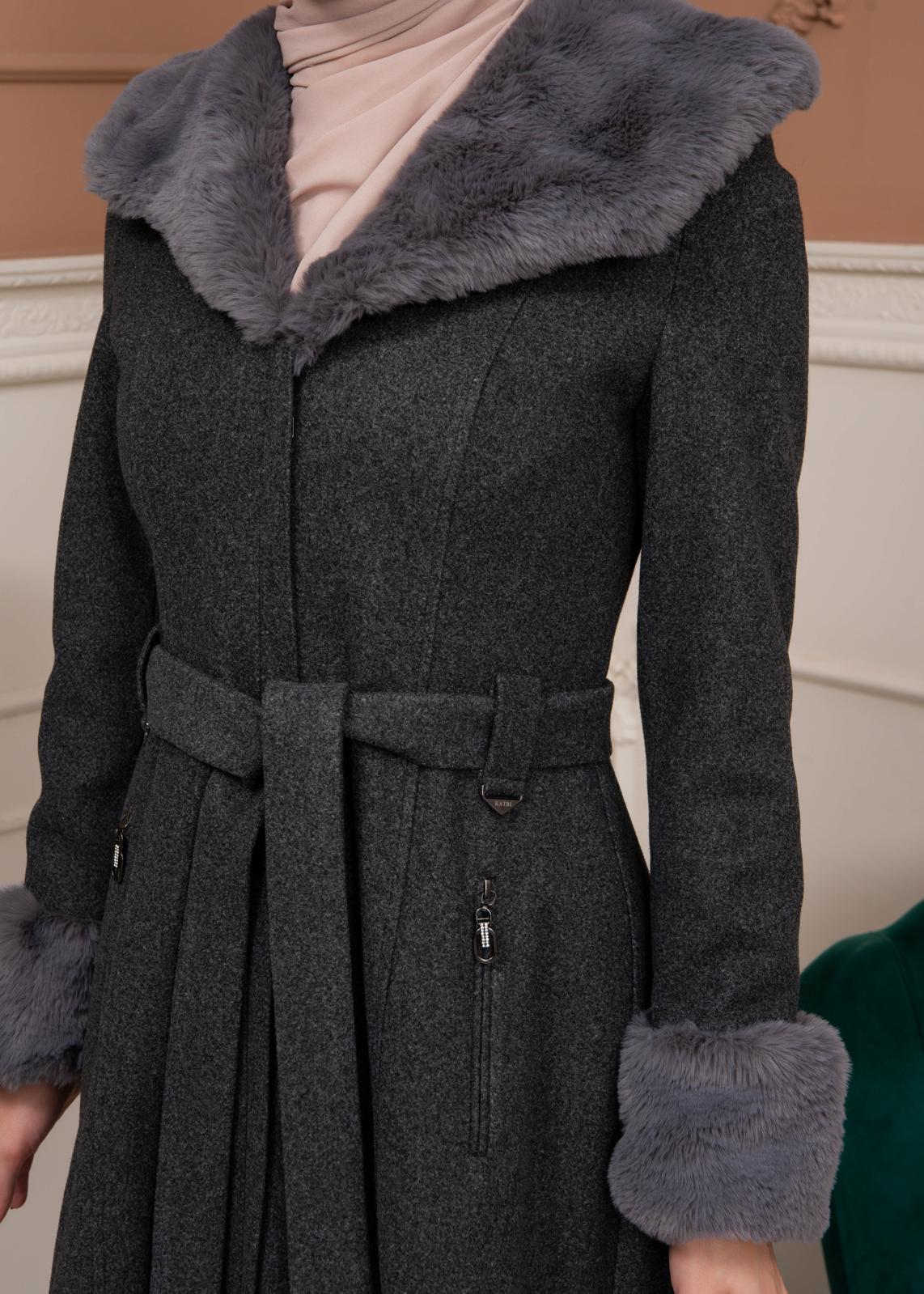 Woolen Winter Coat with Fur Lining - 1360 - gray