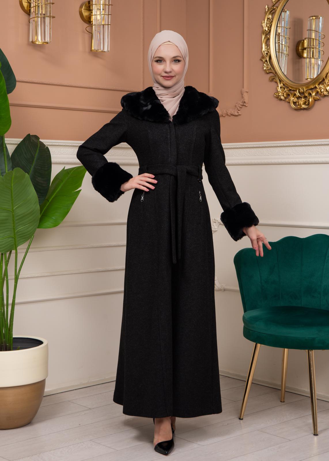 Woolen Winter Coat with Fur Lining - 1360 - black