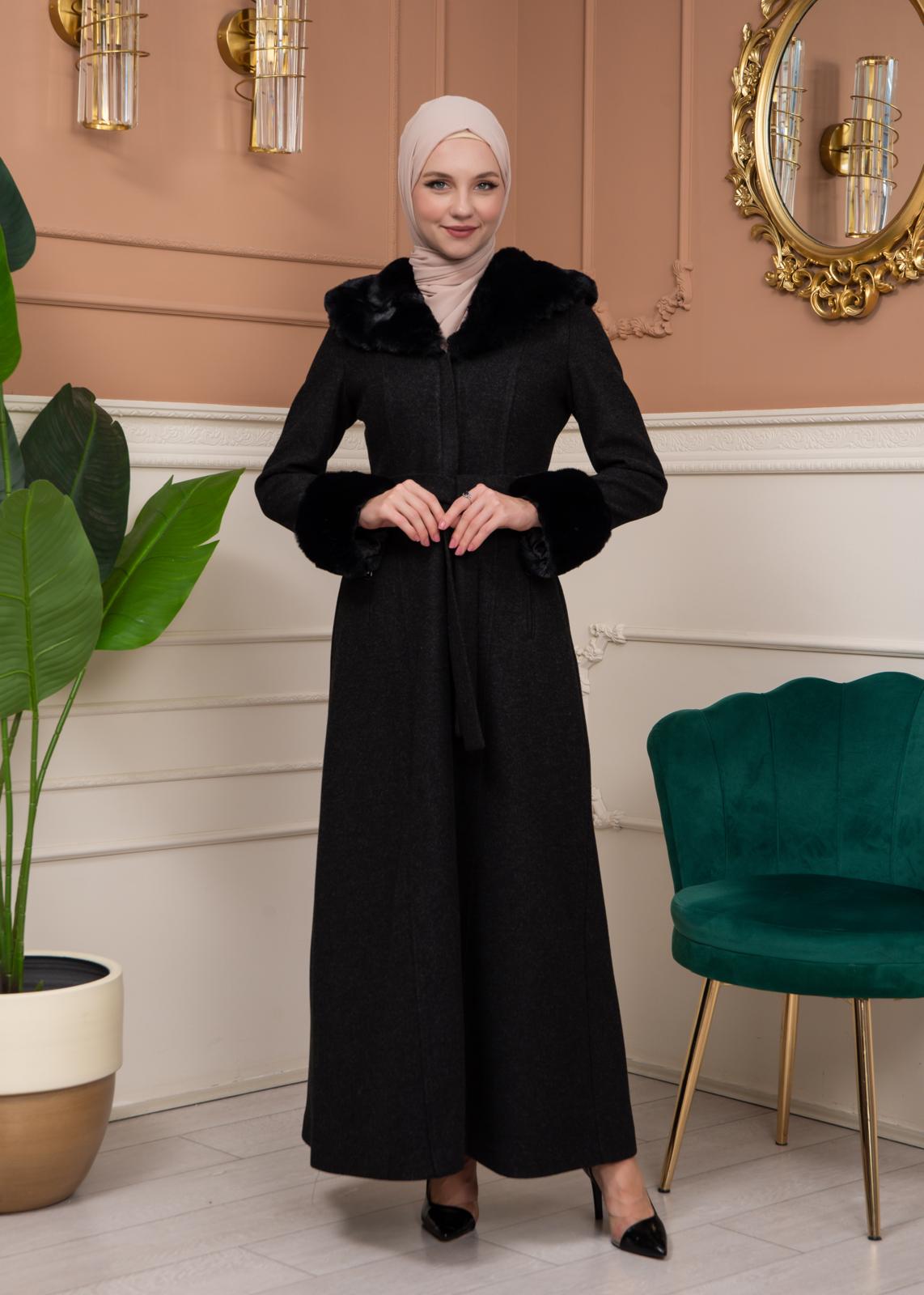 Woolen Winter Coat with Fur Lining - 1360 - black