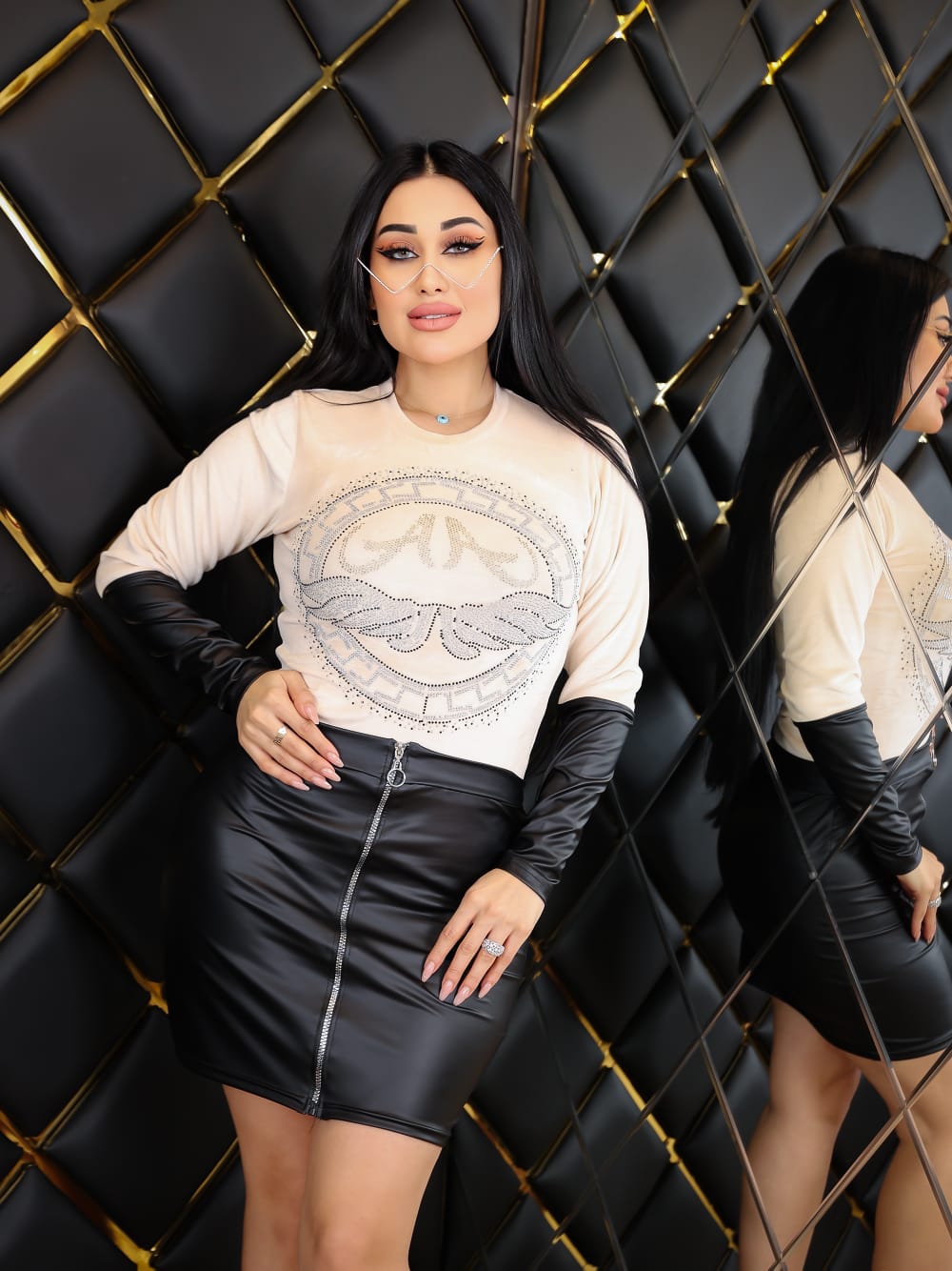 Occasion Outfit with Leather Skirt and Velvet Blouse - Code 1017 - ecru