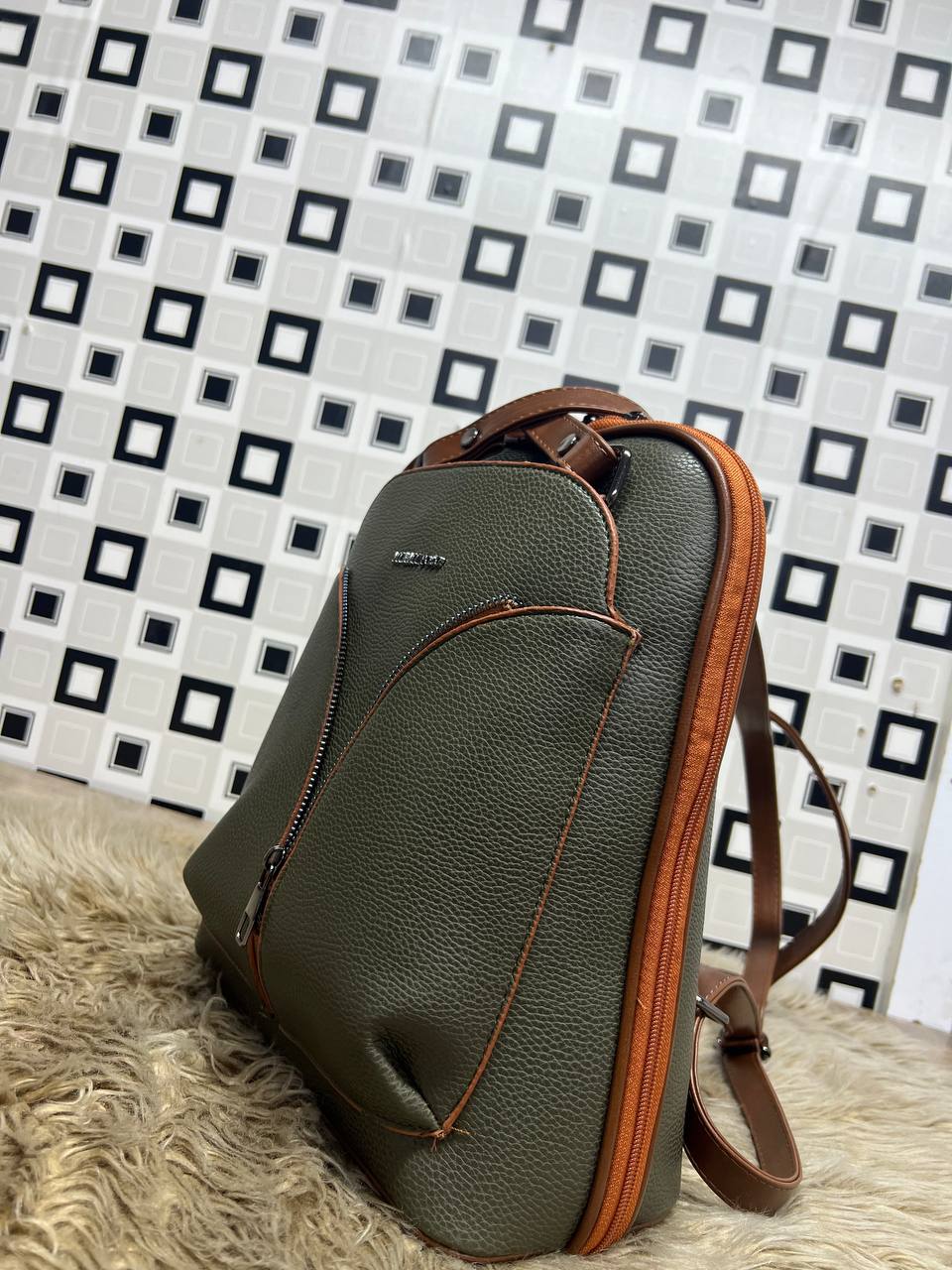 Elegant Leather Backpack - 969 - khaki