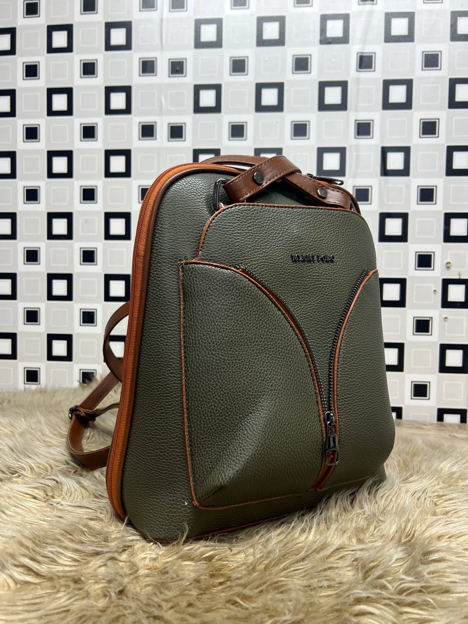 Elegant Leather Backpack - 969 - khaki