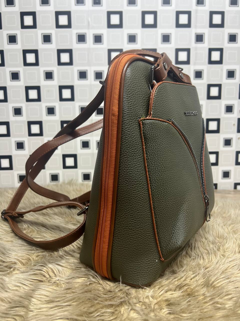 Elegant Leather Backpack - 969 - khaki