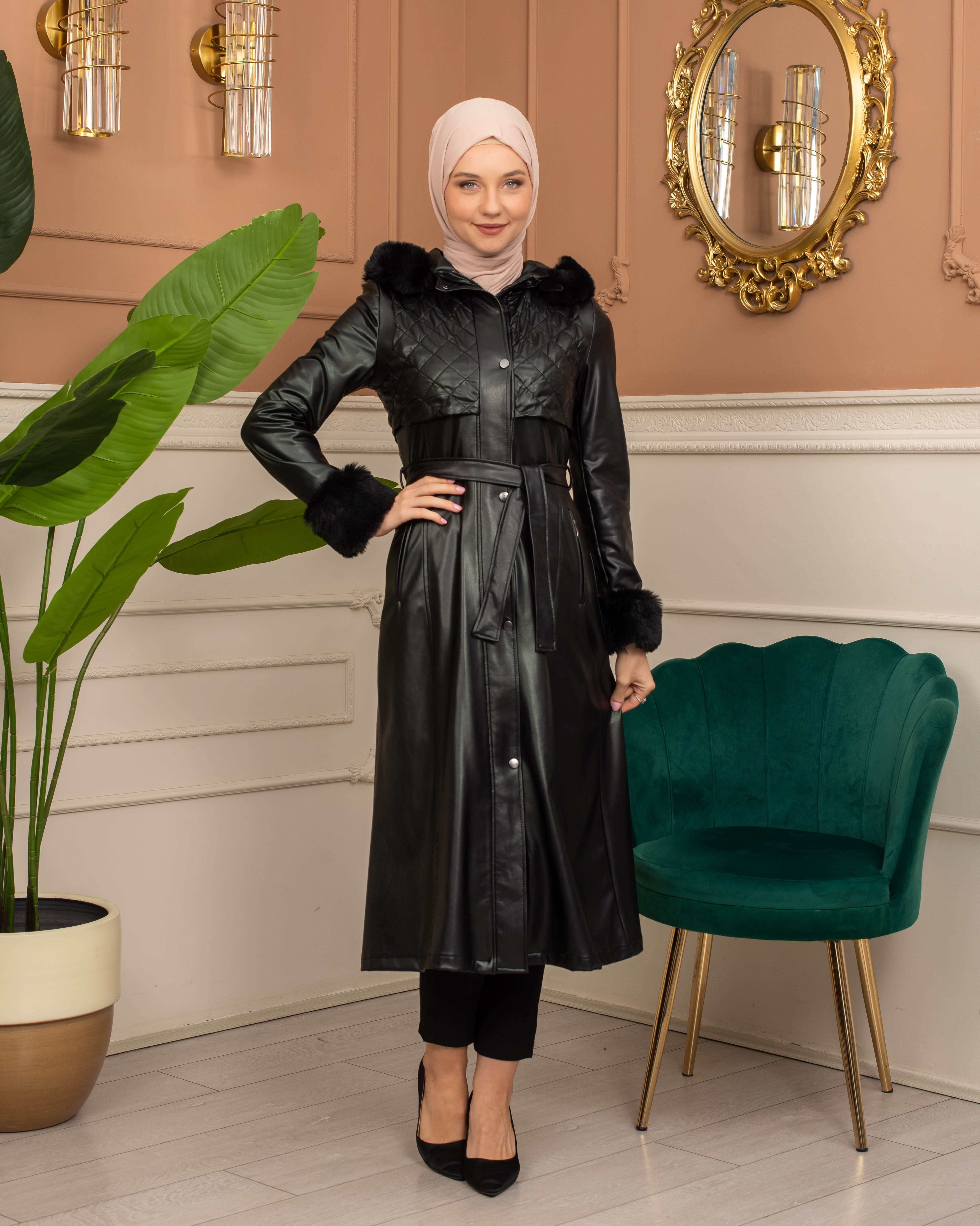 Trench Coat with Treated Leather Code 1365 - black