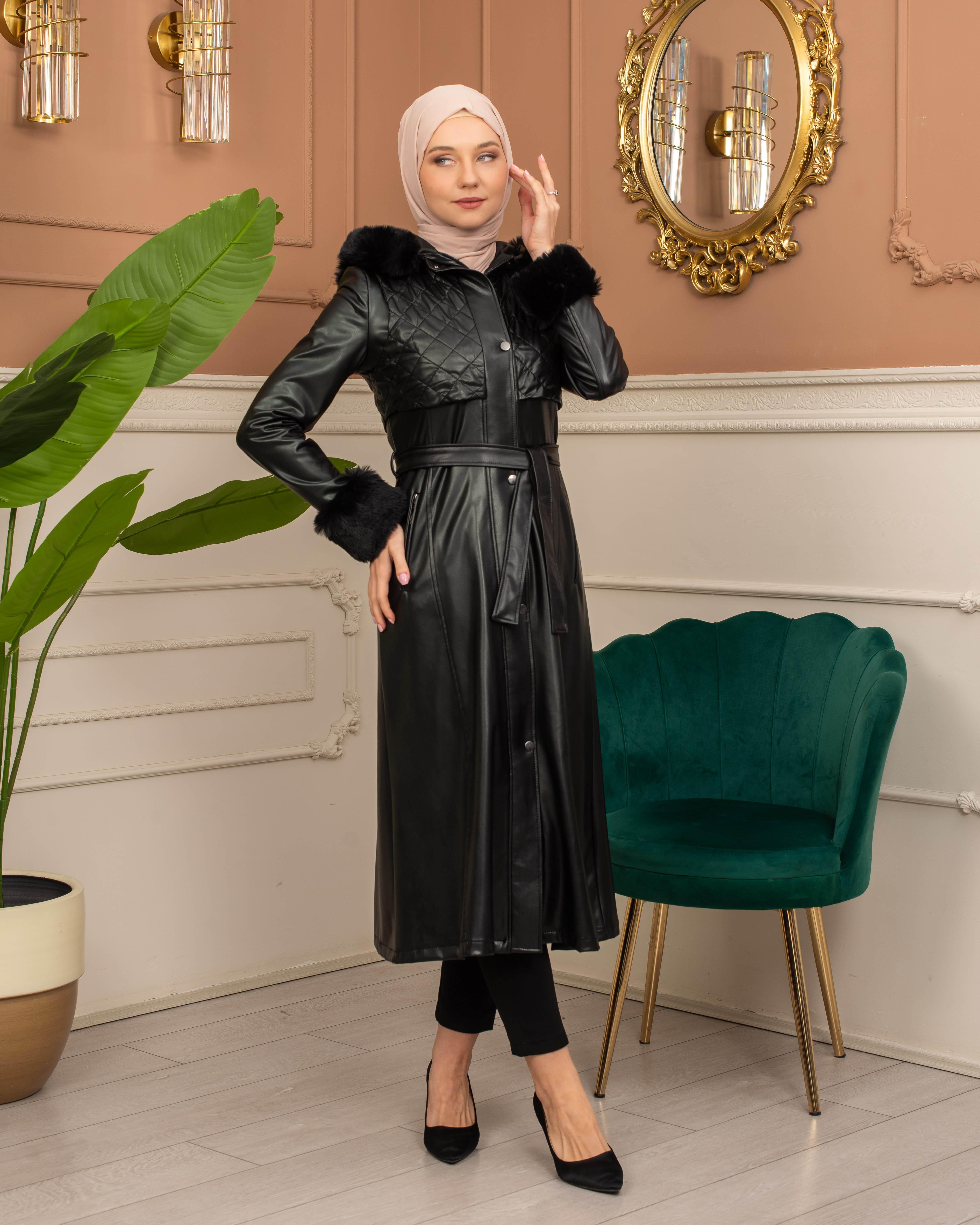 Trench Coat with Treated Leather Code 1365 - black