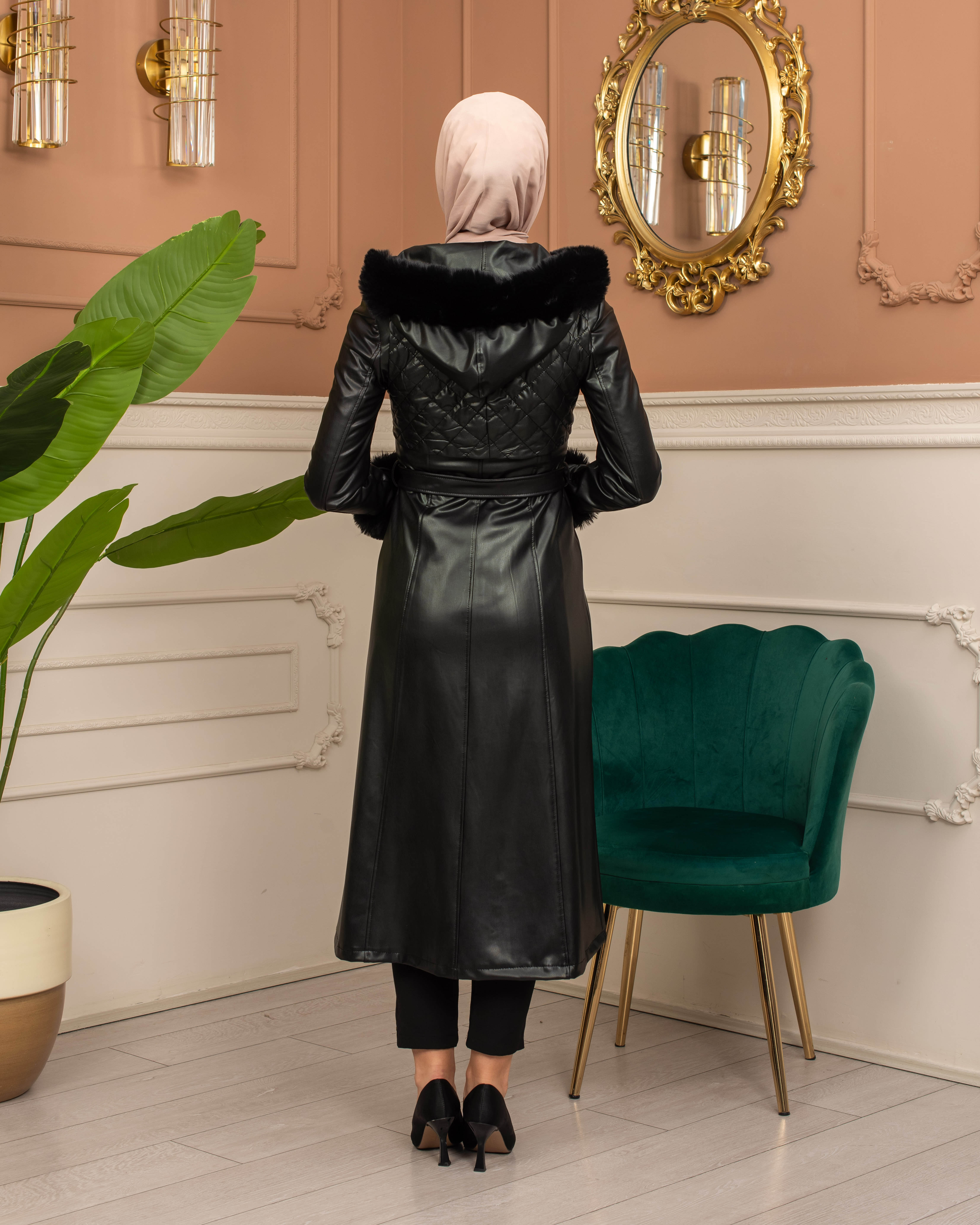 Trench Coat with Treated Leather Code 1365 - black