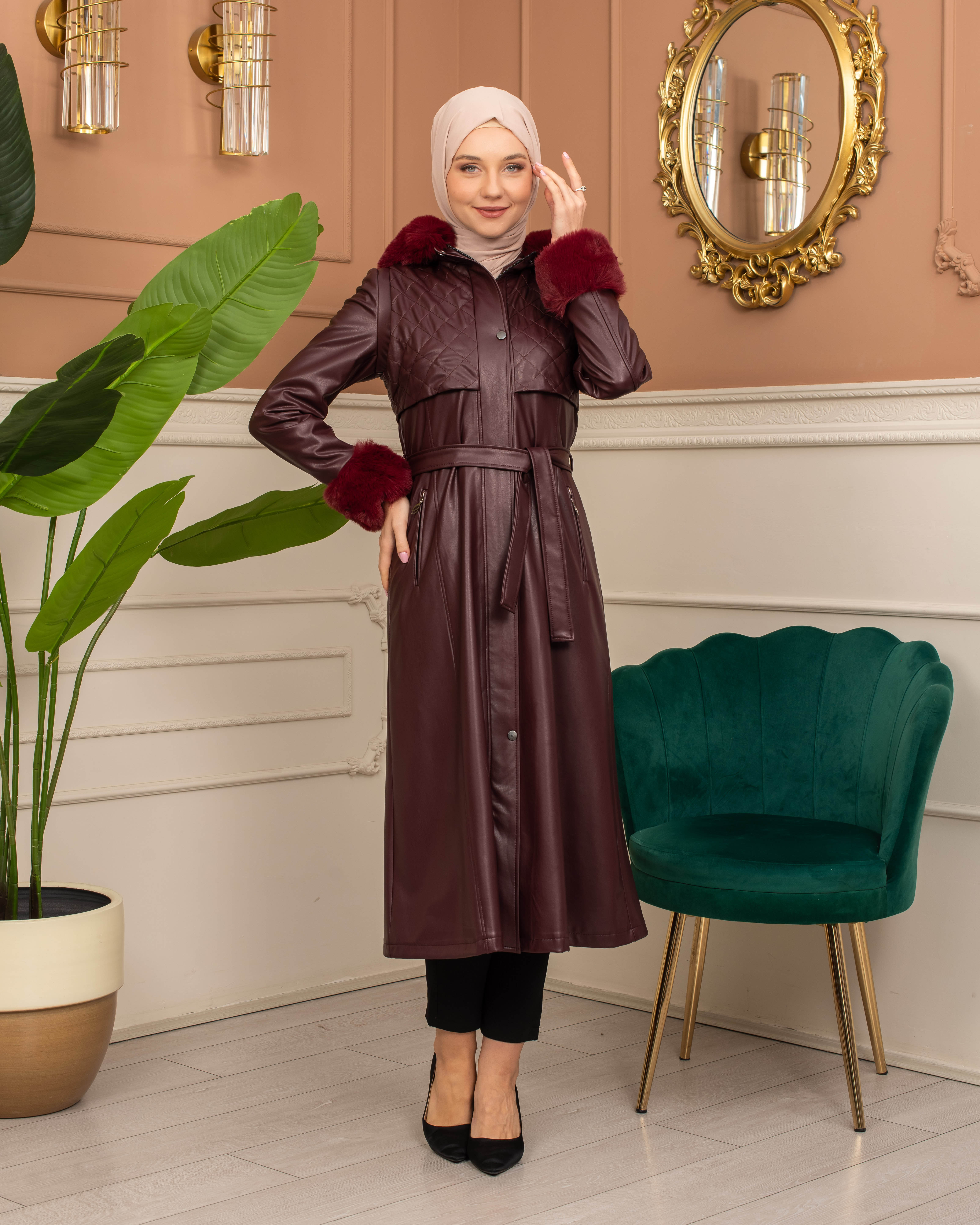 Trench Coat with Treated Leather Code 1365 - burgundy