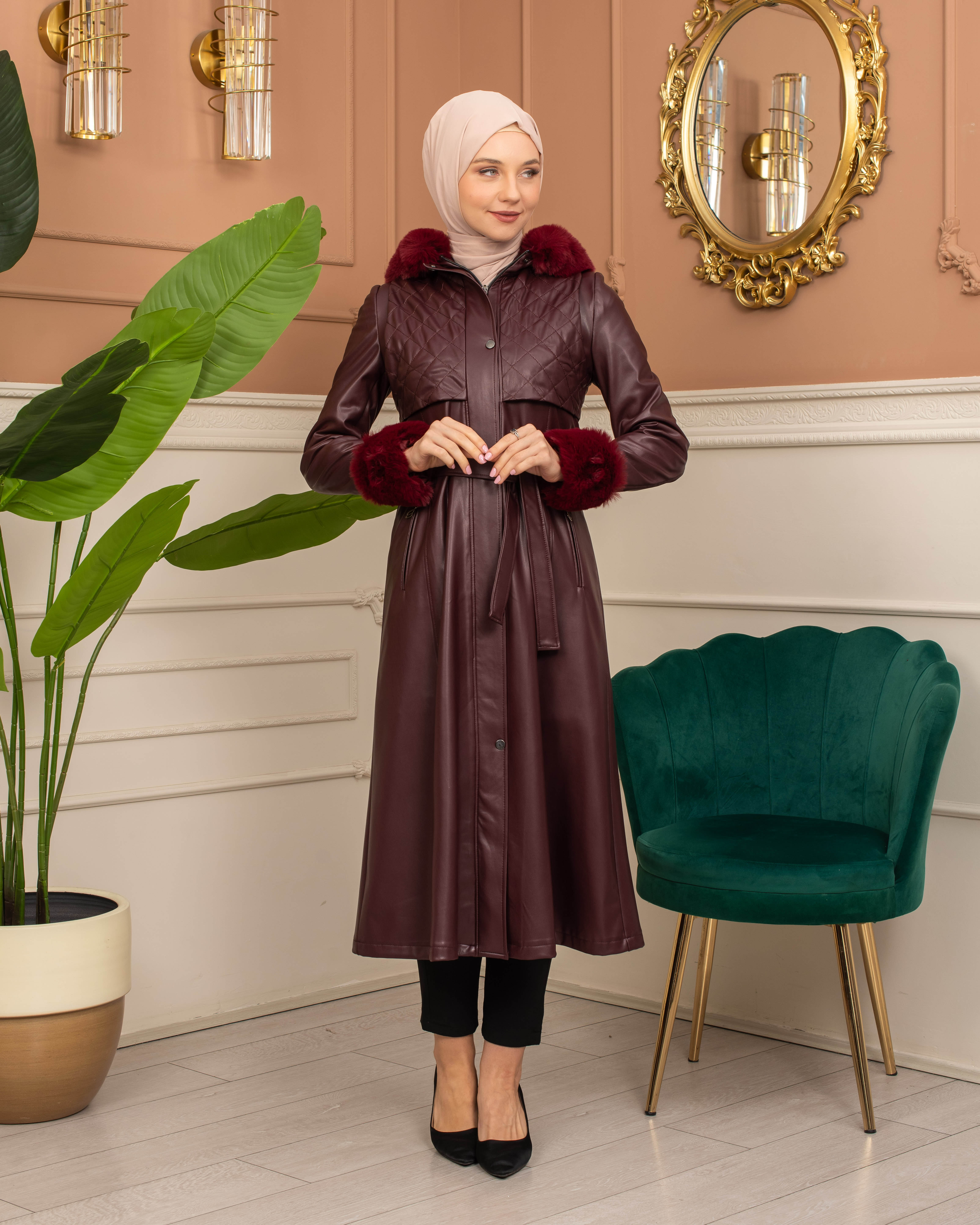 Trench Coat with Treated Leather Code 1365 - burgundy