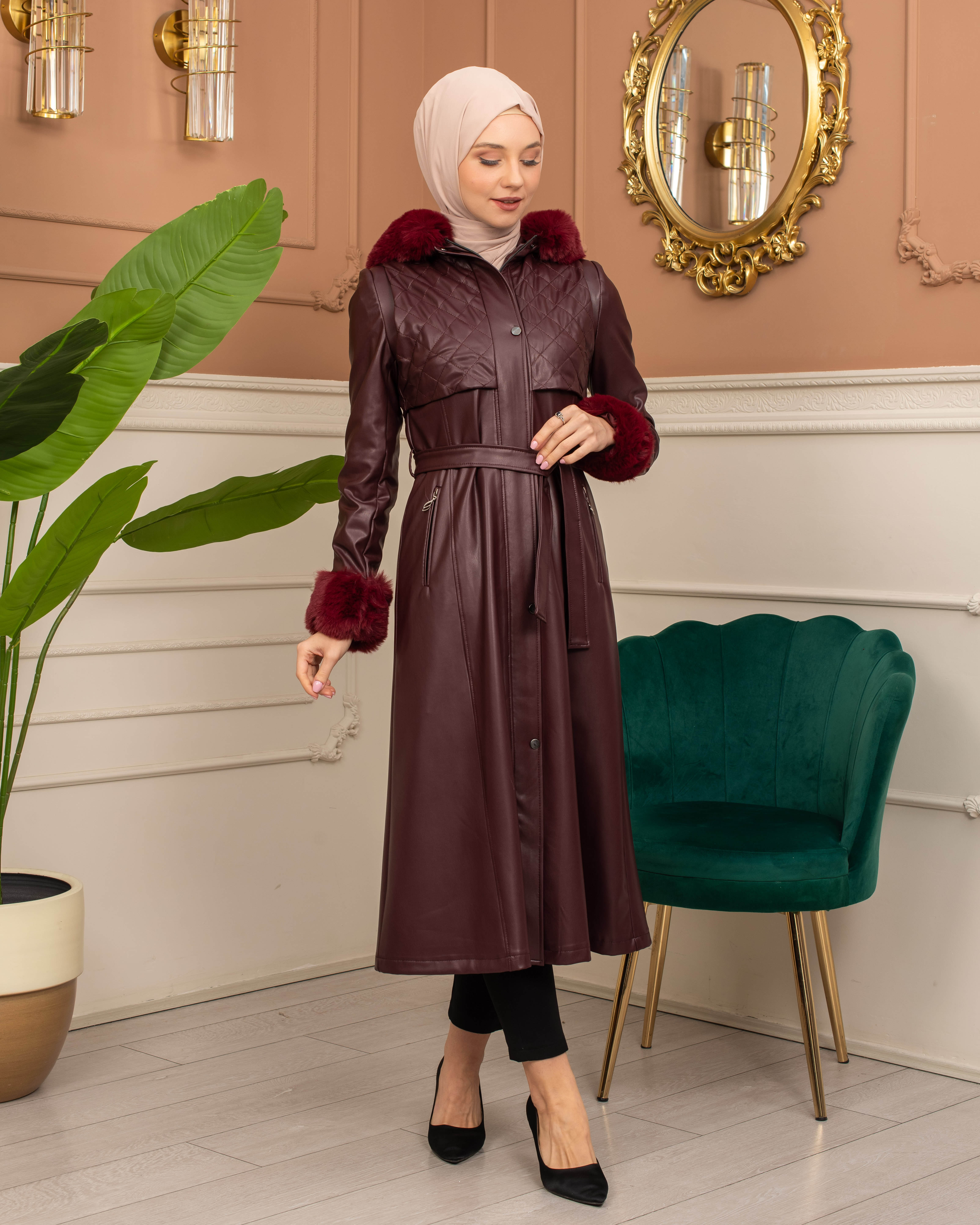 Trench Coat with Treated Leather Code 1365 - burgundy