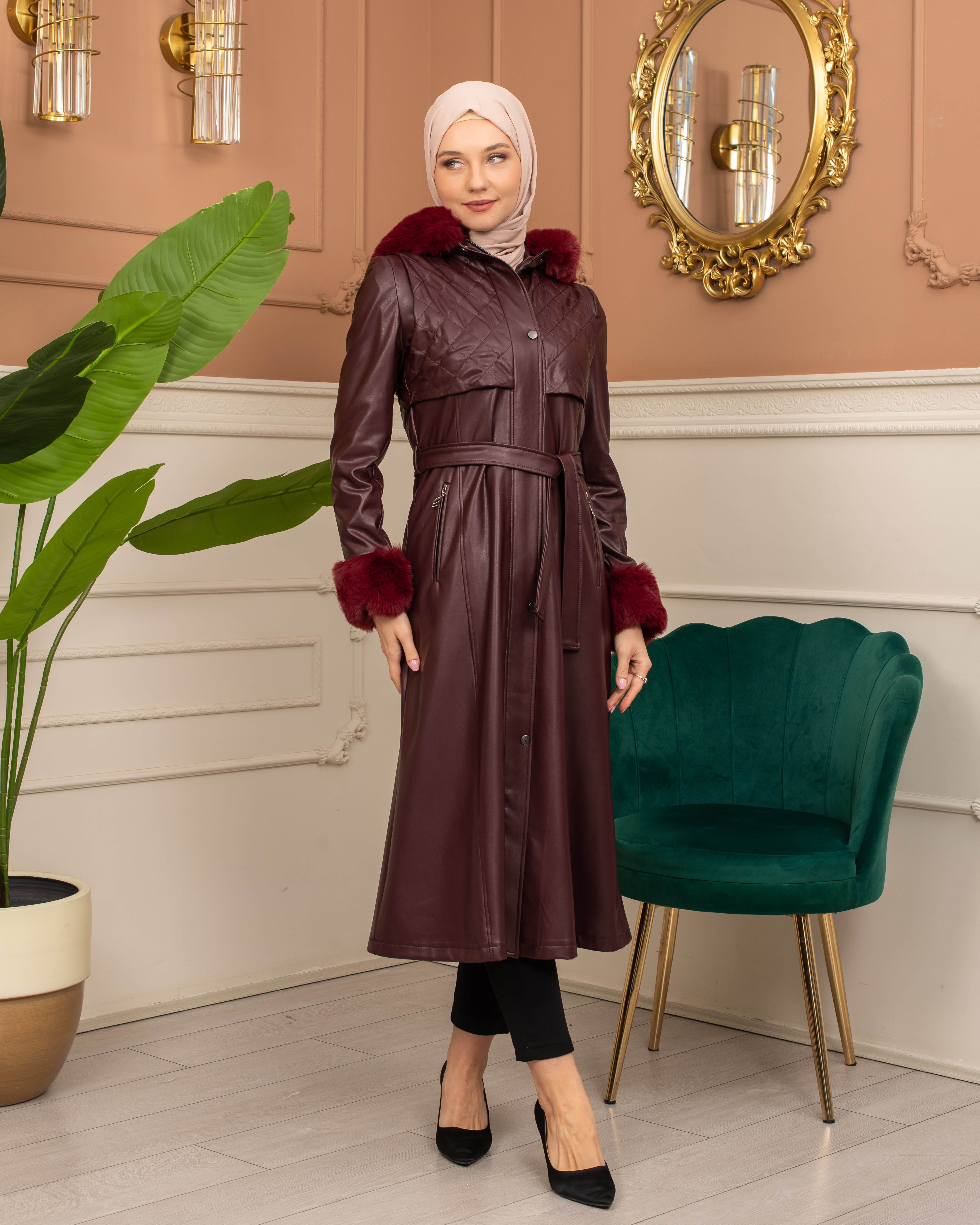 Trench Coat with Treated Leather Code 1365 - burgundy